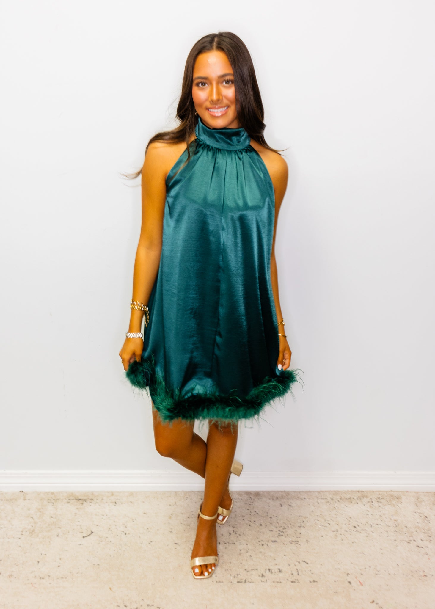 Hunter Green Satin Feather Trim Dress