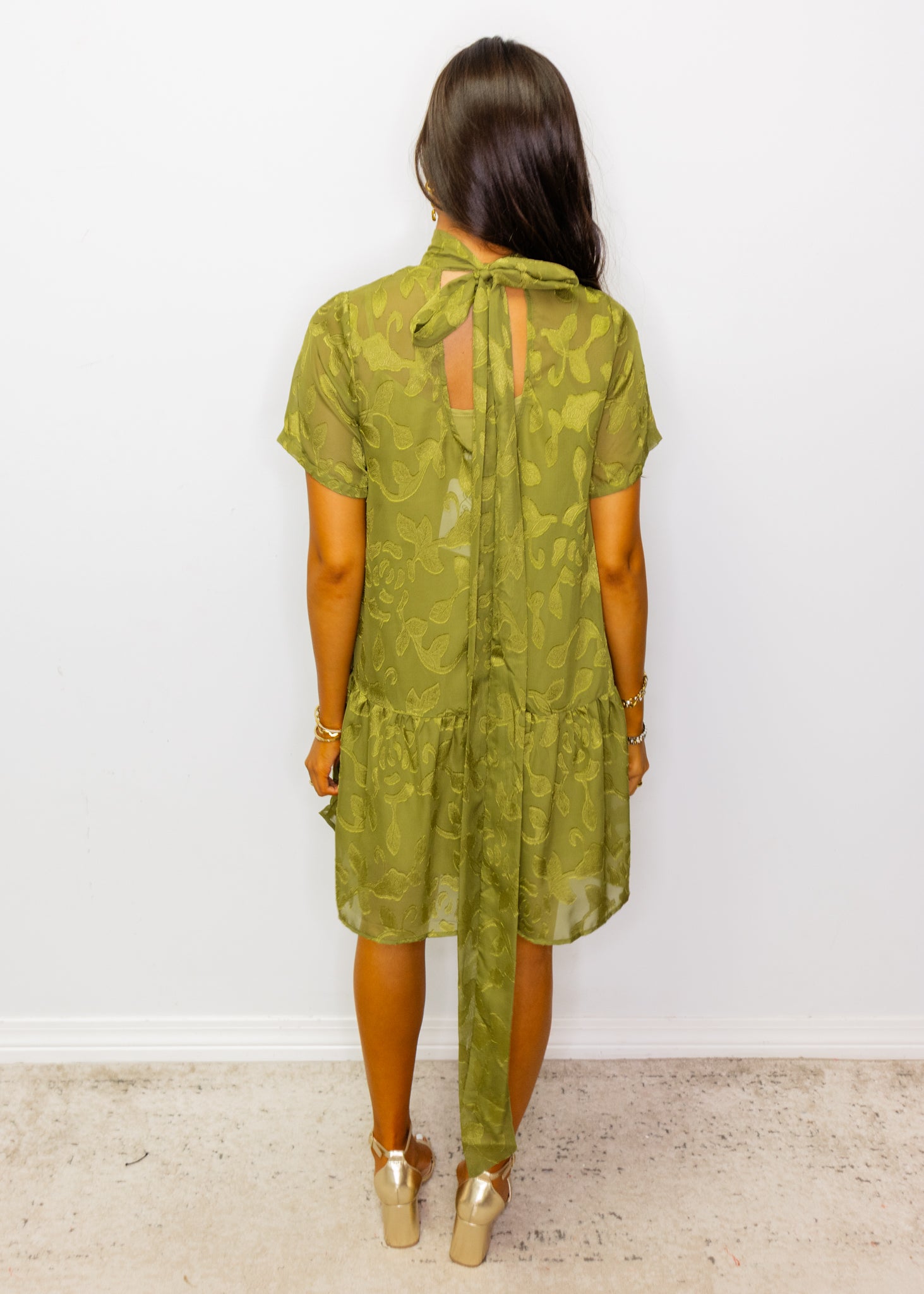 Green Floral Jacquard Tie-Neck Dress