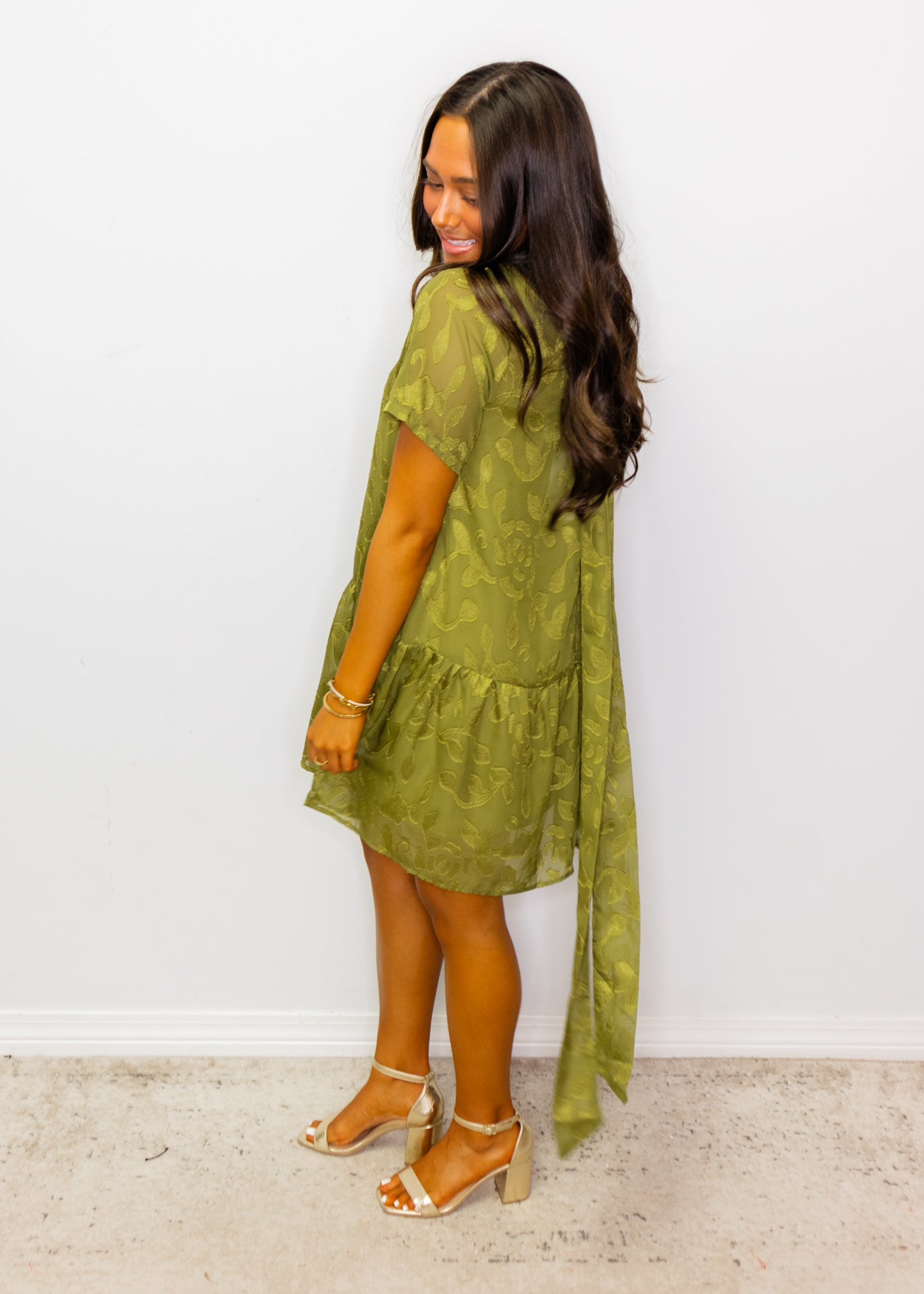 Green Floral Jacquard Tie-Neck Dress