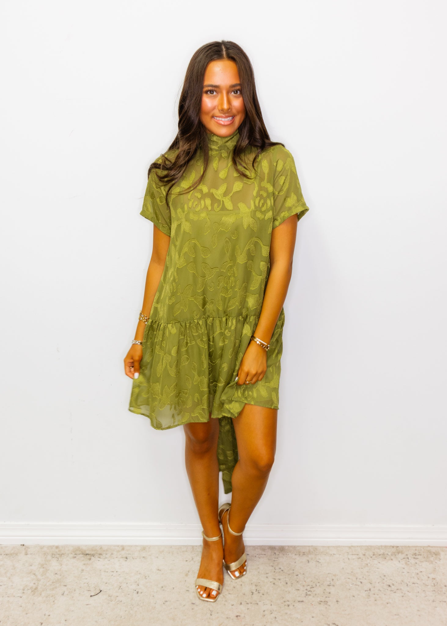 Green Floral Jacquard Tie-Neck Dress