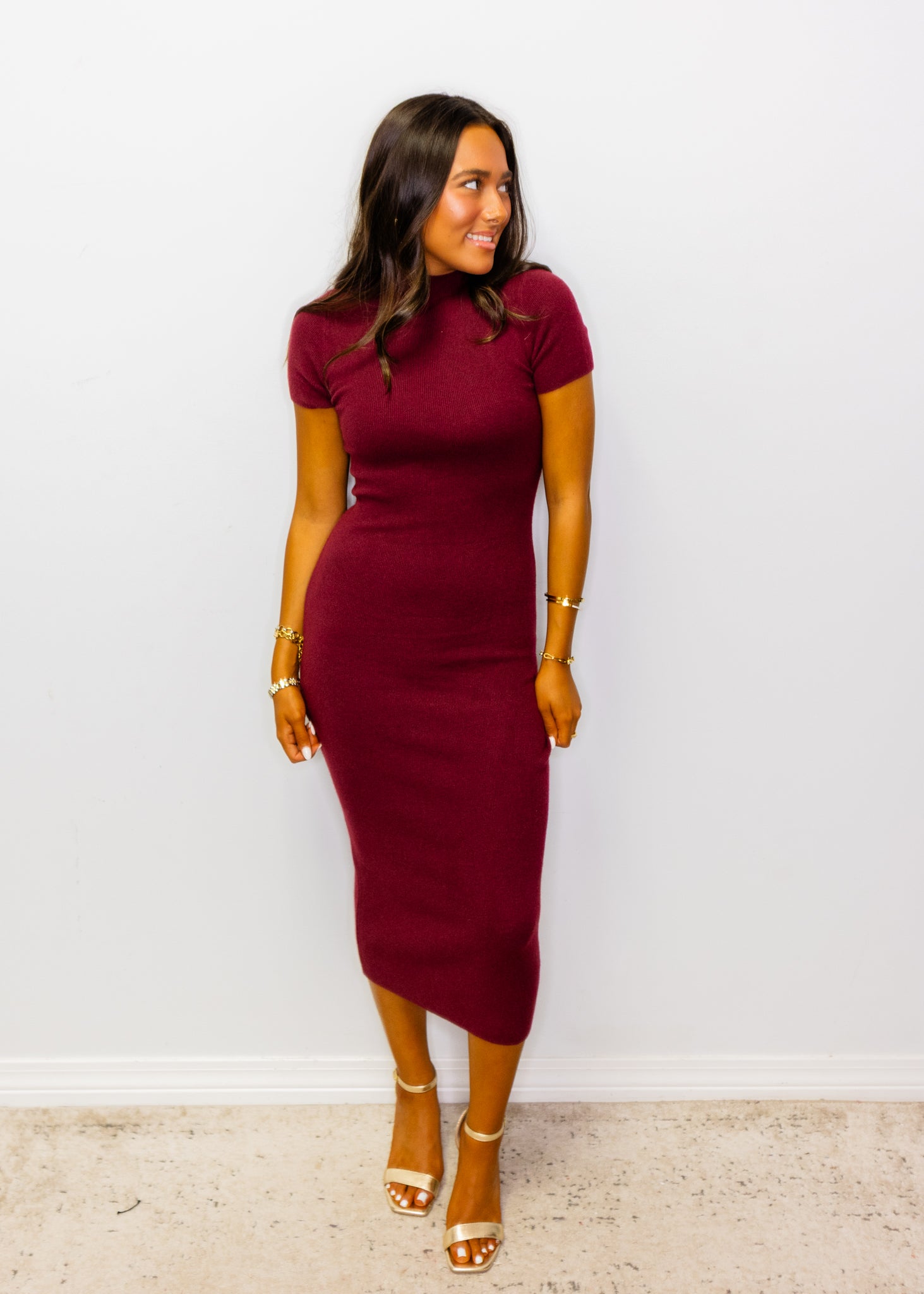 Burgundy Knit Sweater Midi Dress
