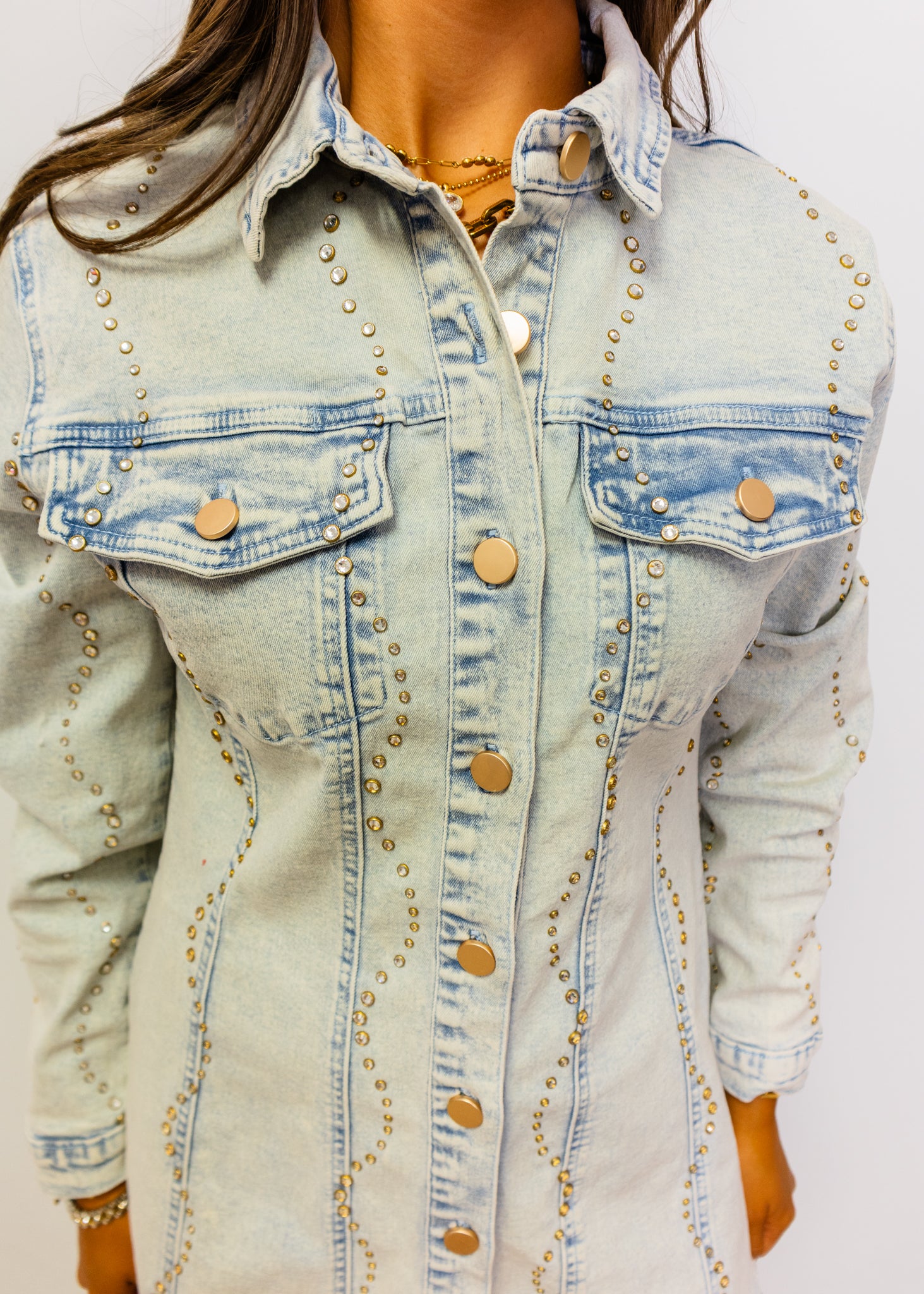 Denim Rhinestone Wave Shirt Dress