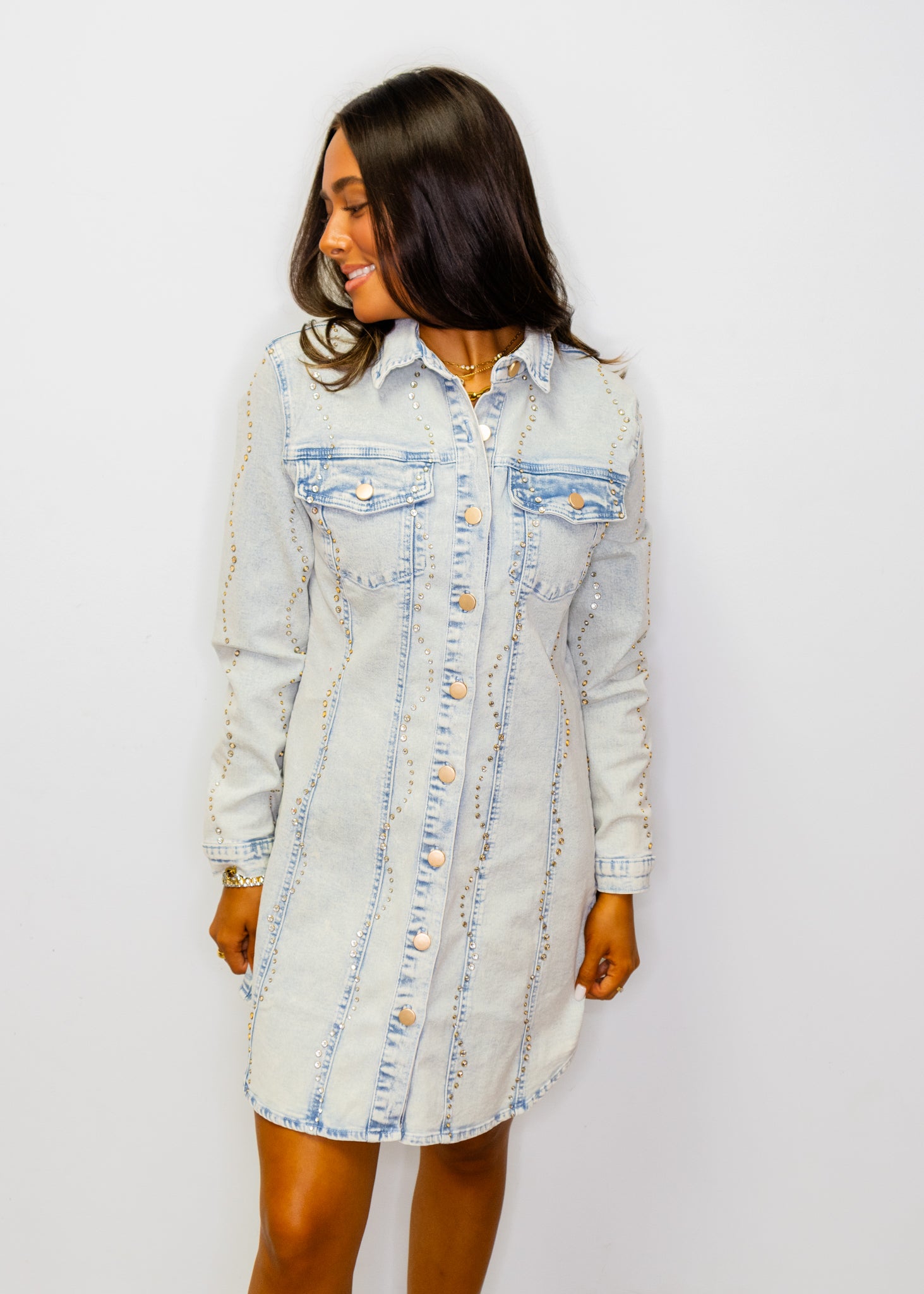 Denim Rhinestone Wave Shirt Dress