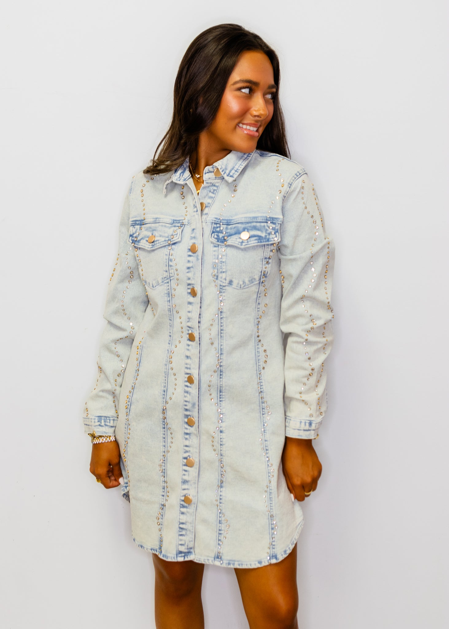 Denim Rhinestone Wave Shirt Dress