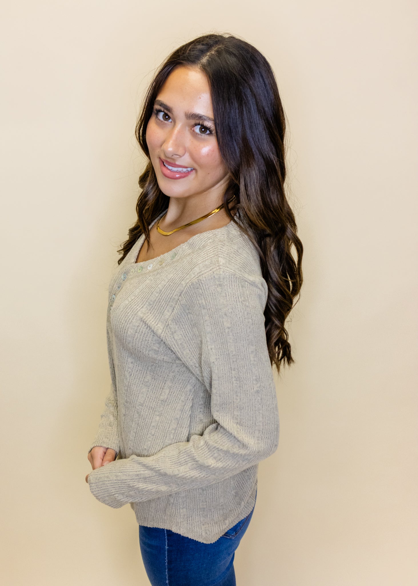 Taupe Button Detail Henley Top