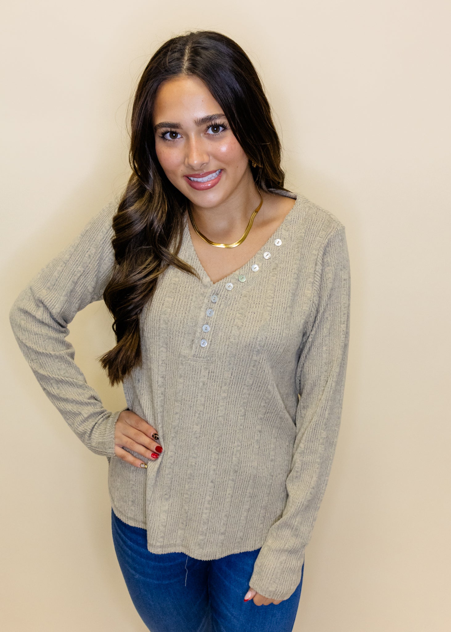 Taupe Button Detail Henley Top