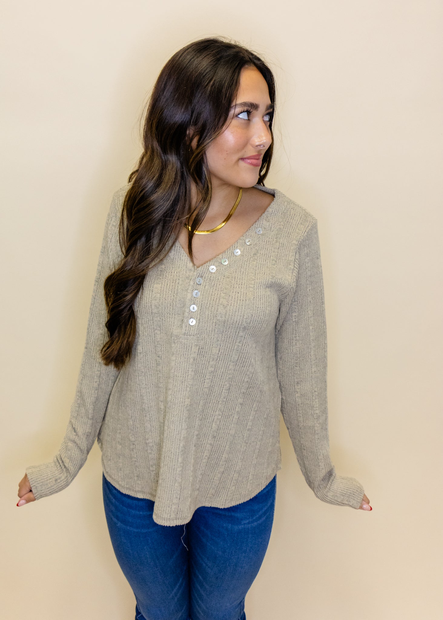 Taupe Button Detail Henley Top