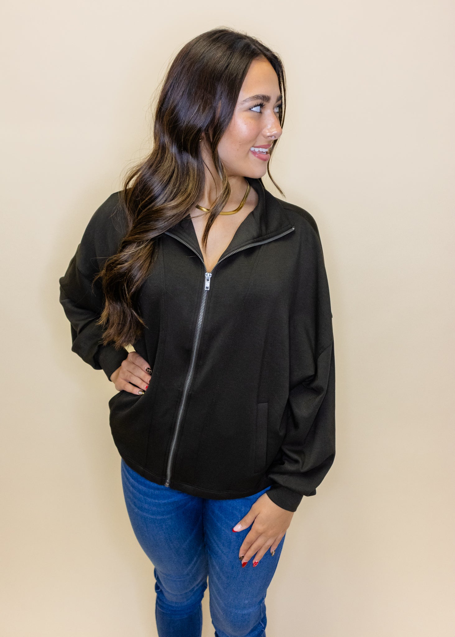 Brown High Neck Zipper Jacket