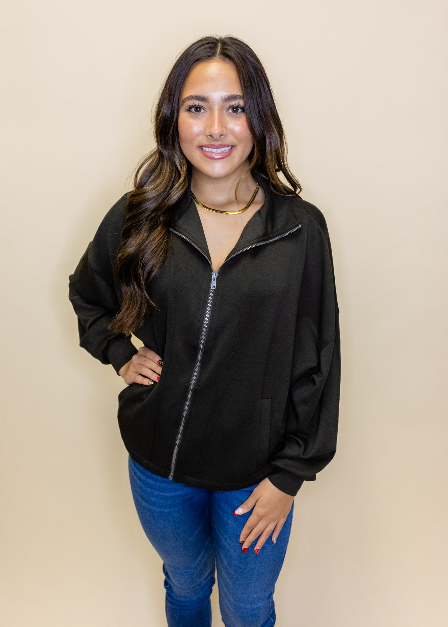 Brown High Neck Zipper Jacket