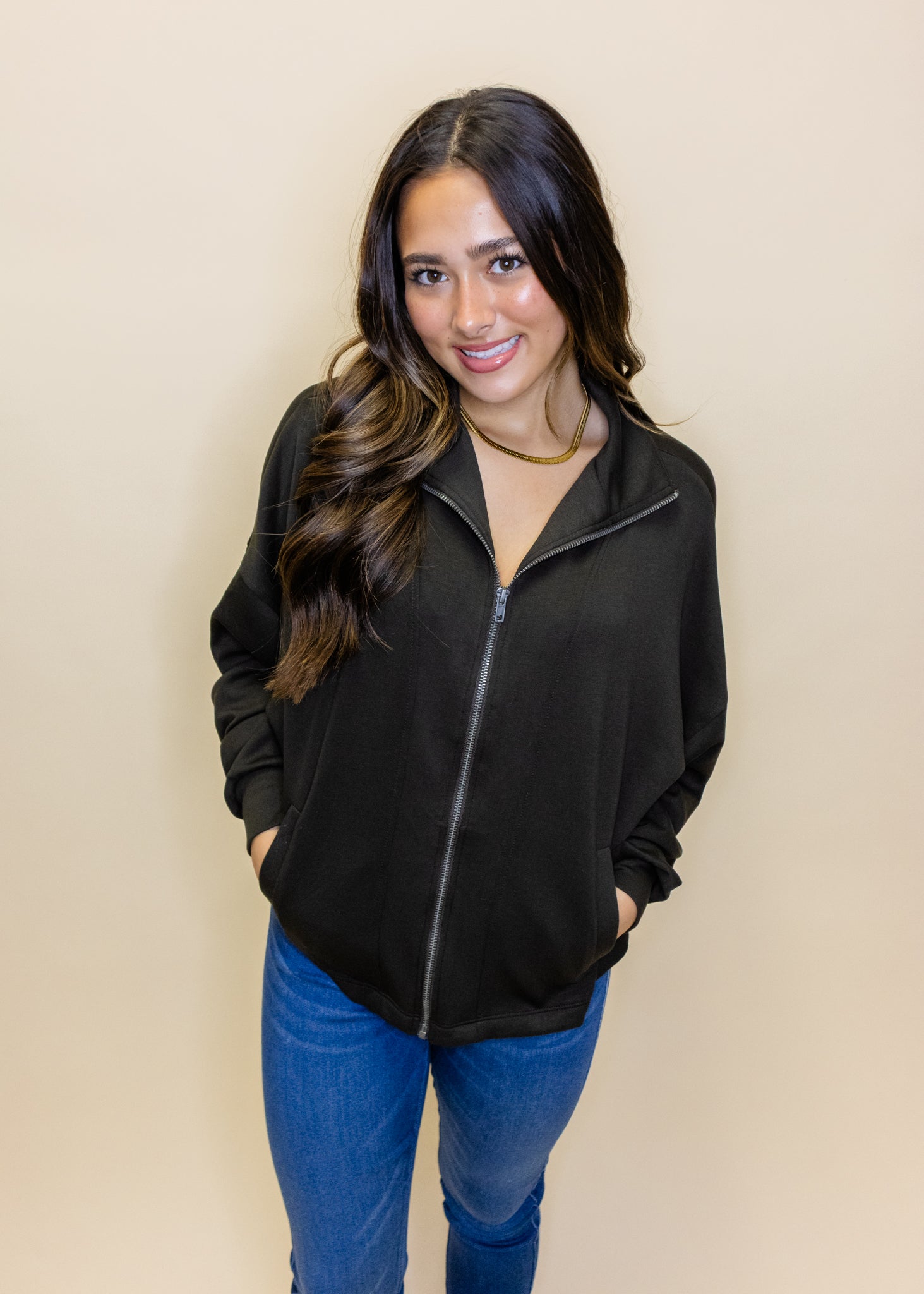 Brown High Neck Zipper Jacket