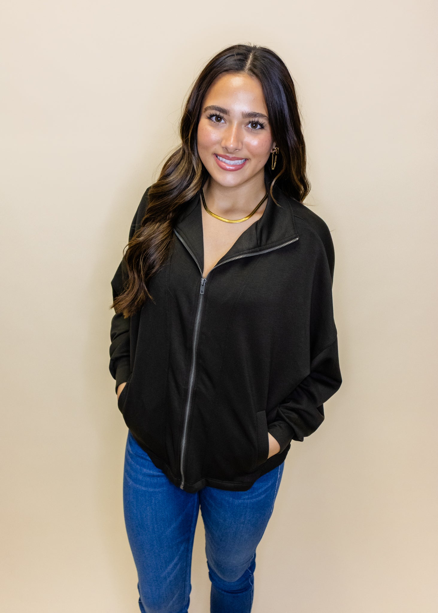 Brown High Neck Zipper Jacket