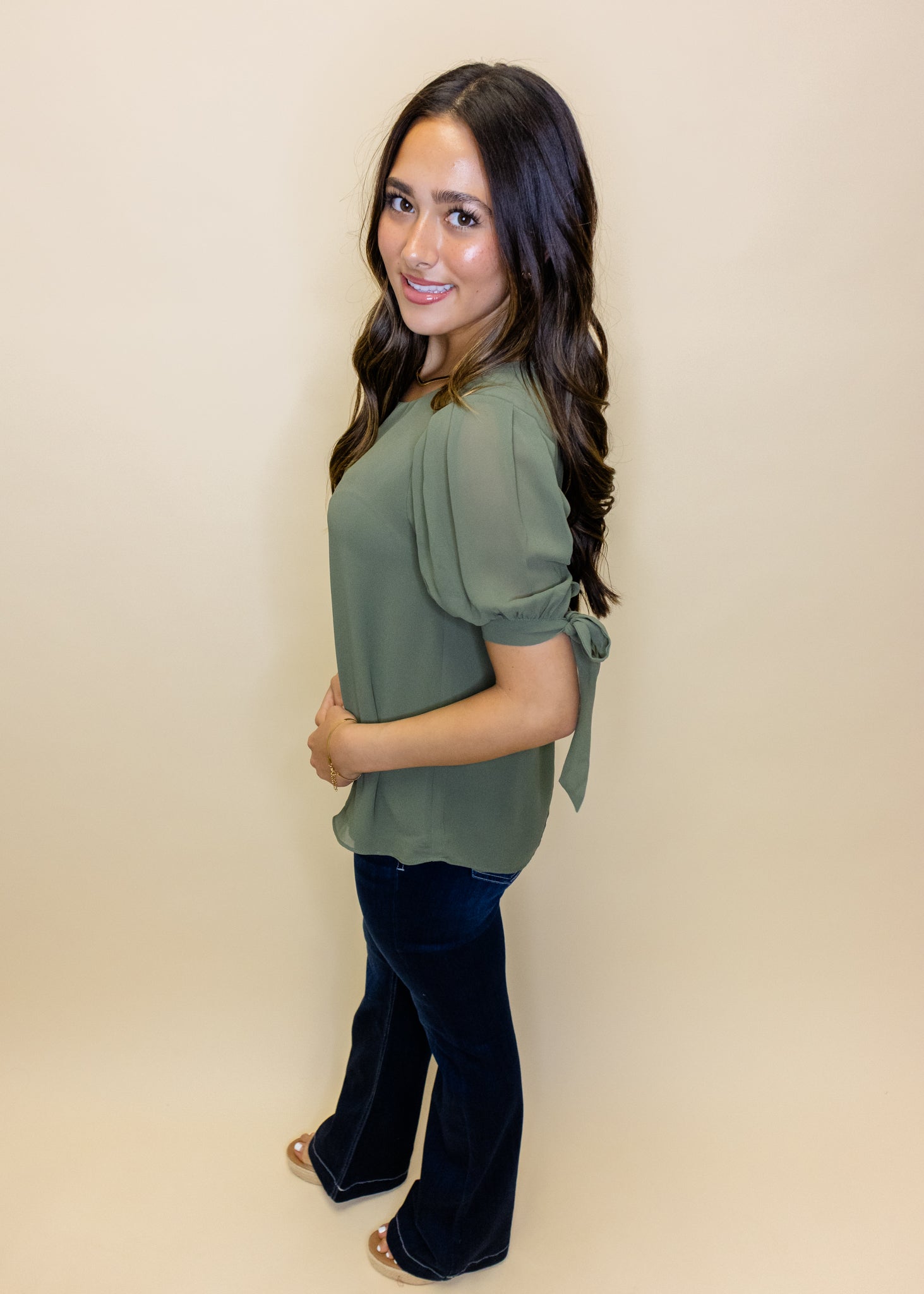 Olive Short Sleeve Chiffon Blouse