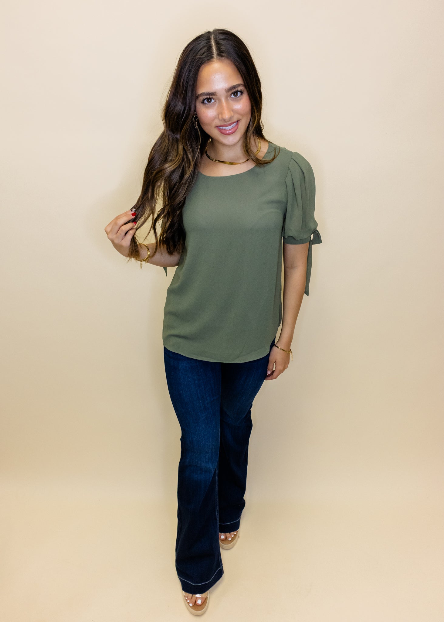 Olive Short Sleeve Chiffon Blouse