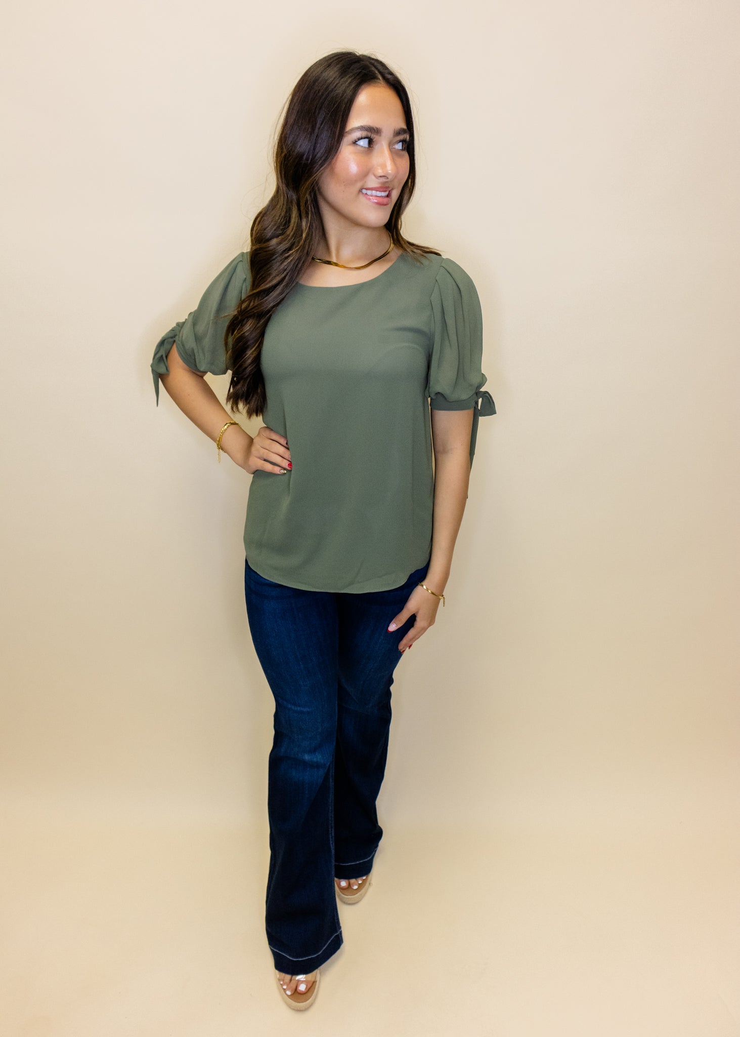 Olive Short Sleeve Chiffon Blouse