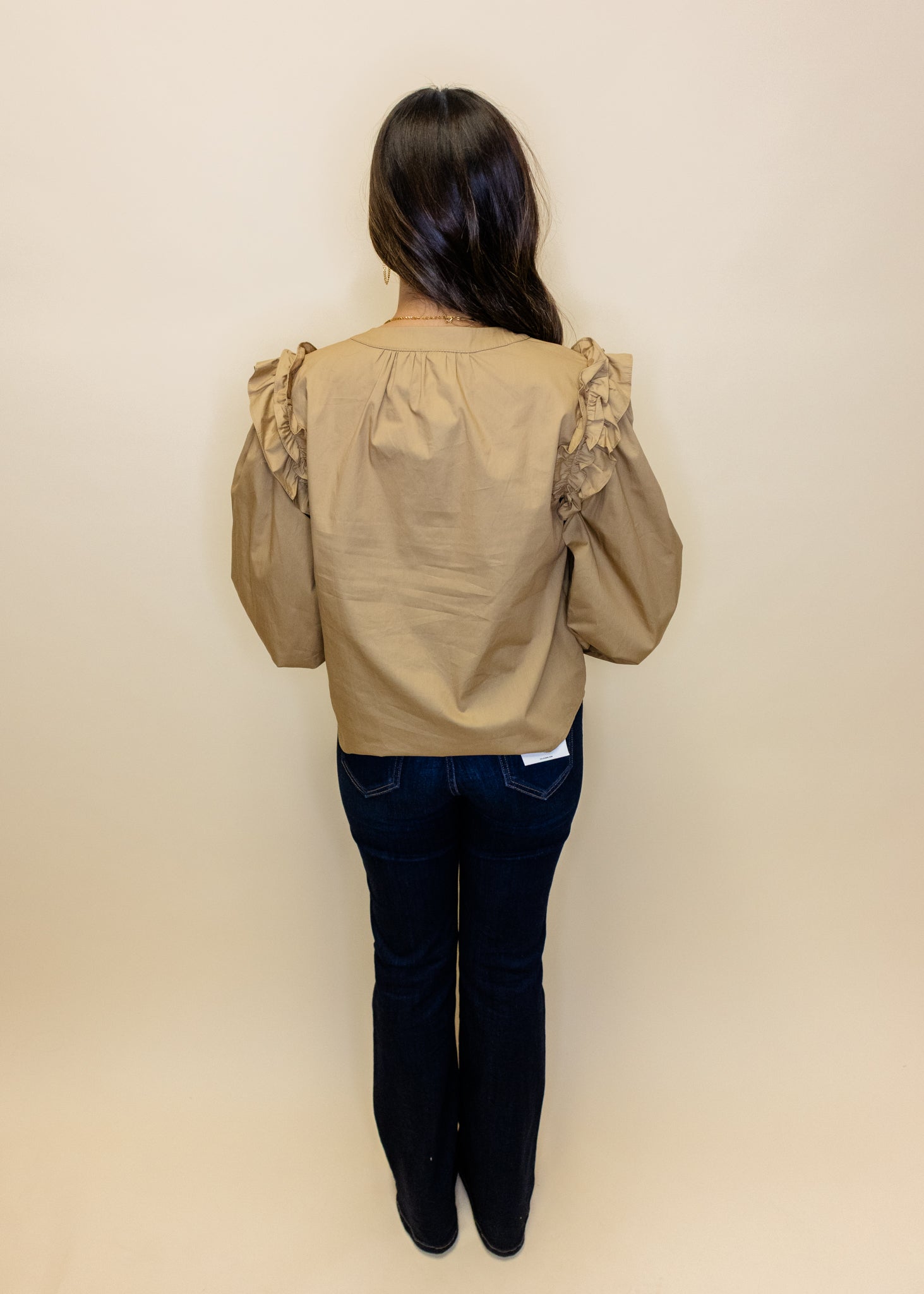 Taupe Ruffle Shoulder Tie Top