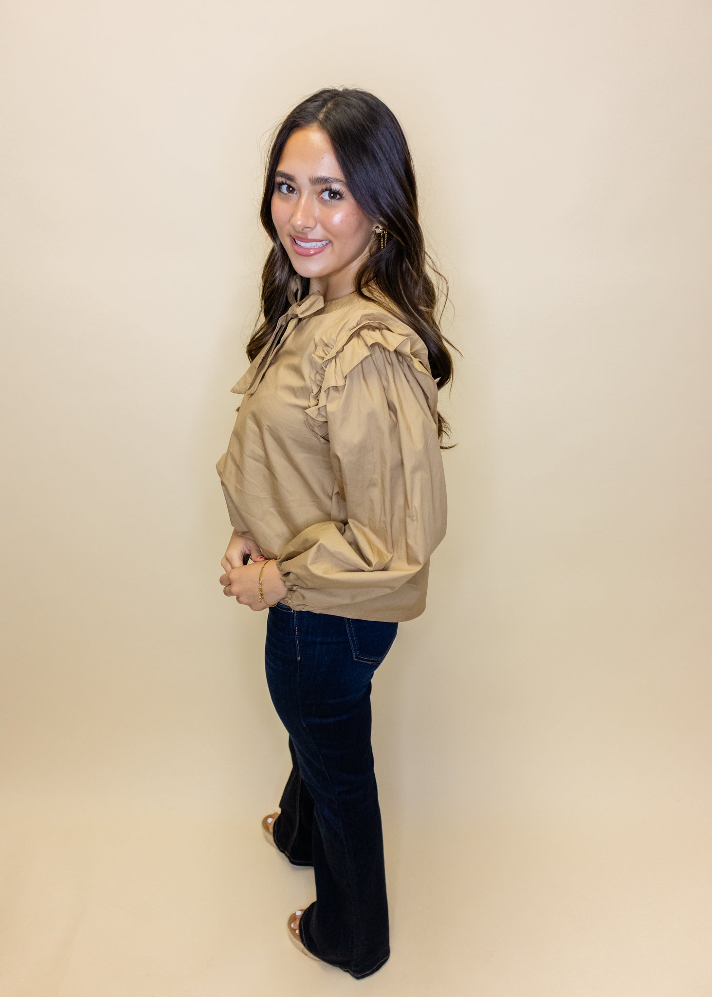 Taupe Ruffle Shoulder Tie Top