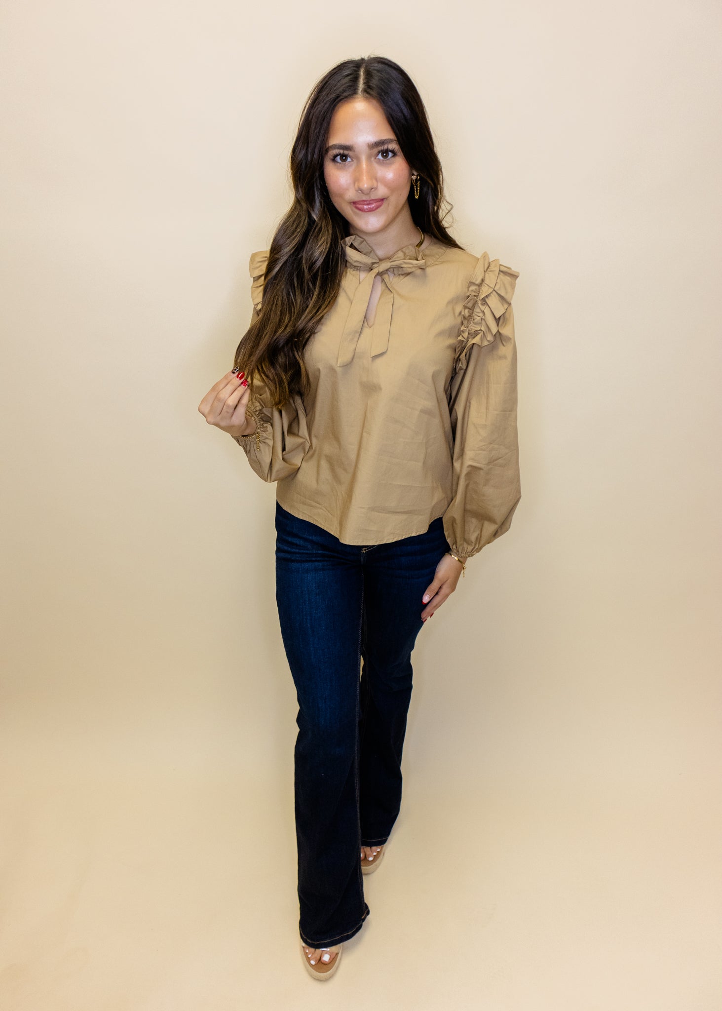 Taupe Ruffle Shoulder Tie Top