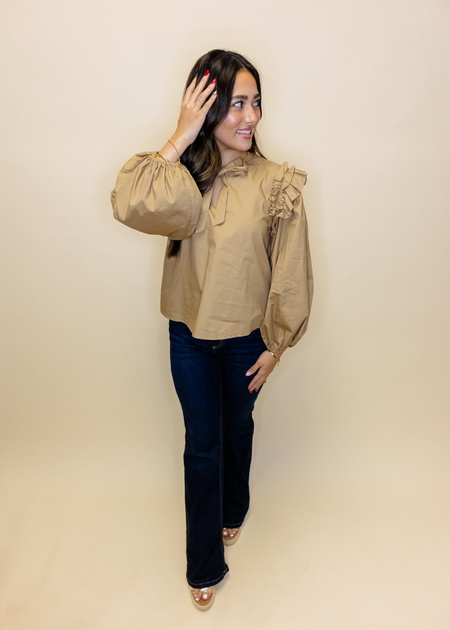 Taupe Ruffle Shoulder Tie Top