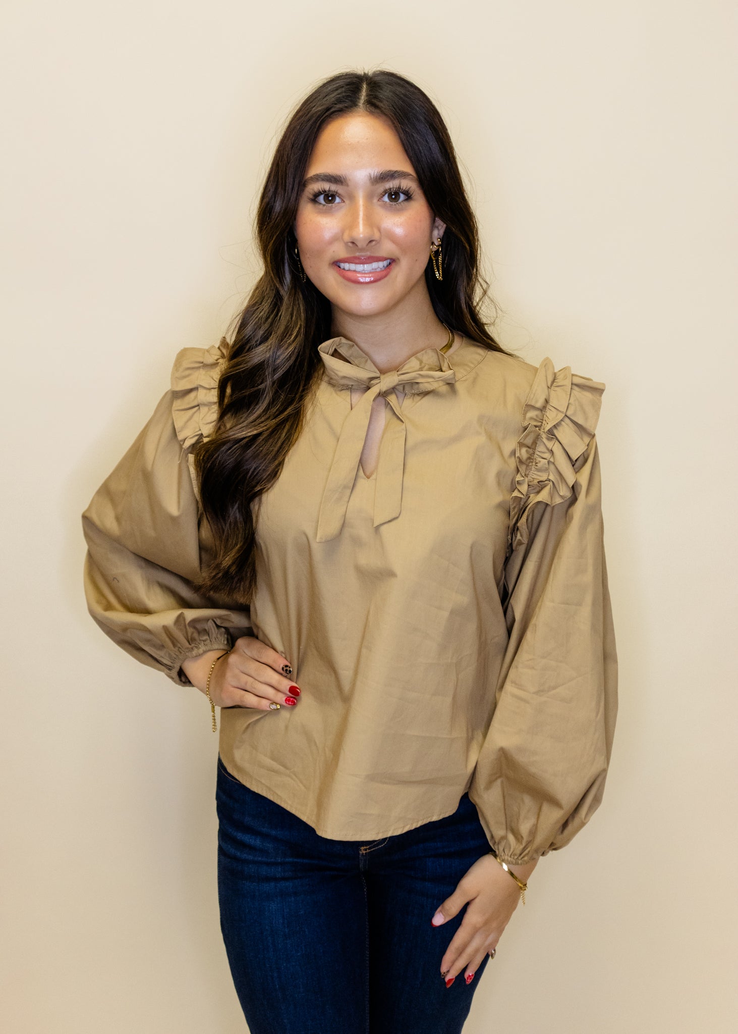 Taupe Ruffle Shoulder Tie Top