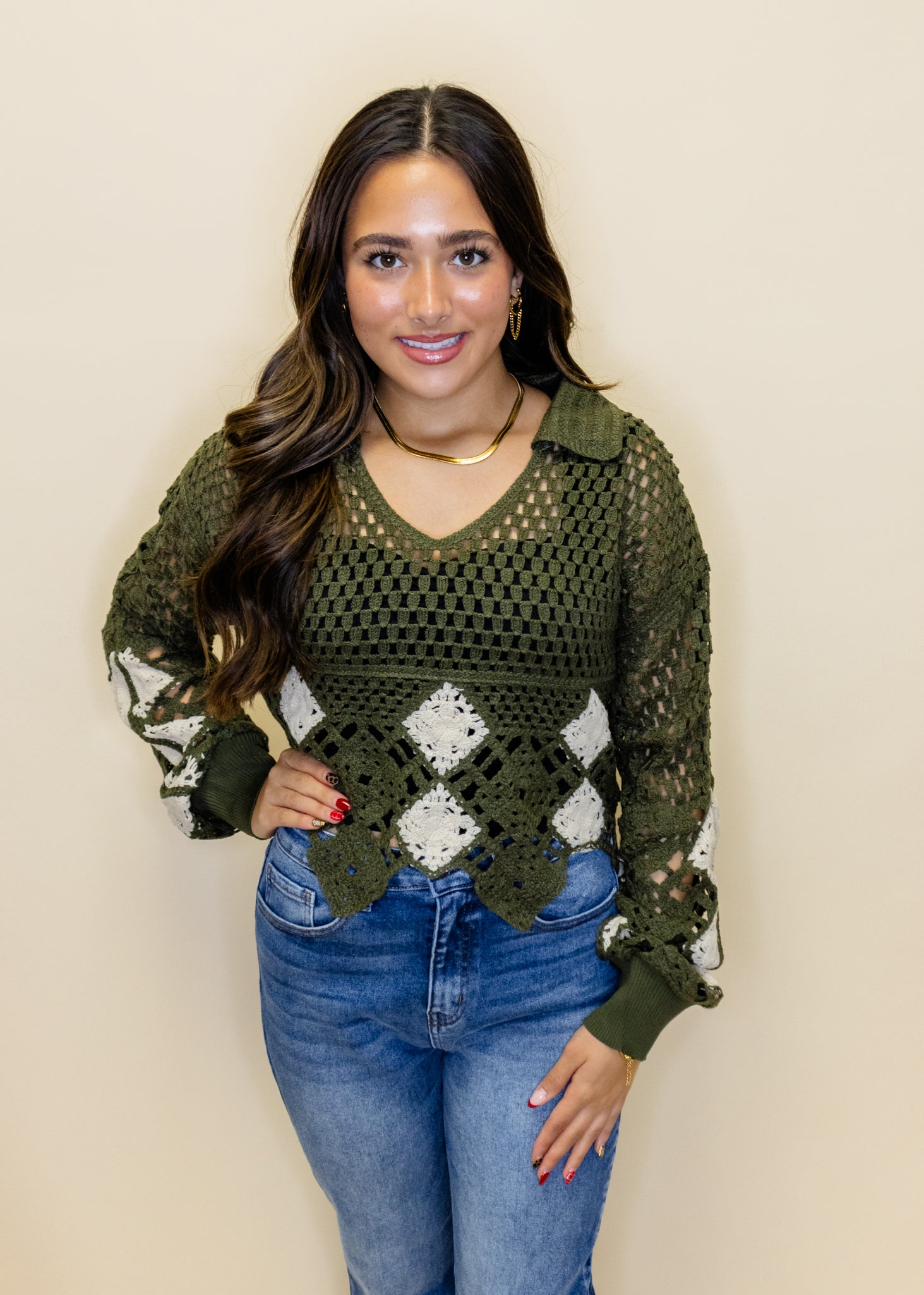 Olive Crochet Long Sleeve Sweater