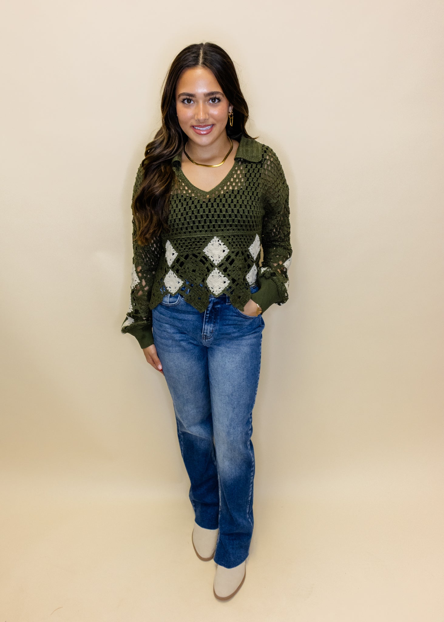 Olive Crochet Long Sleeve Sweater