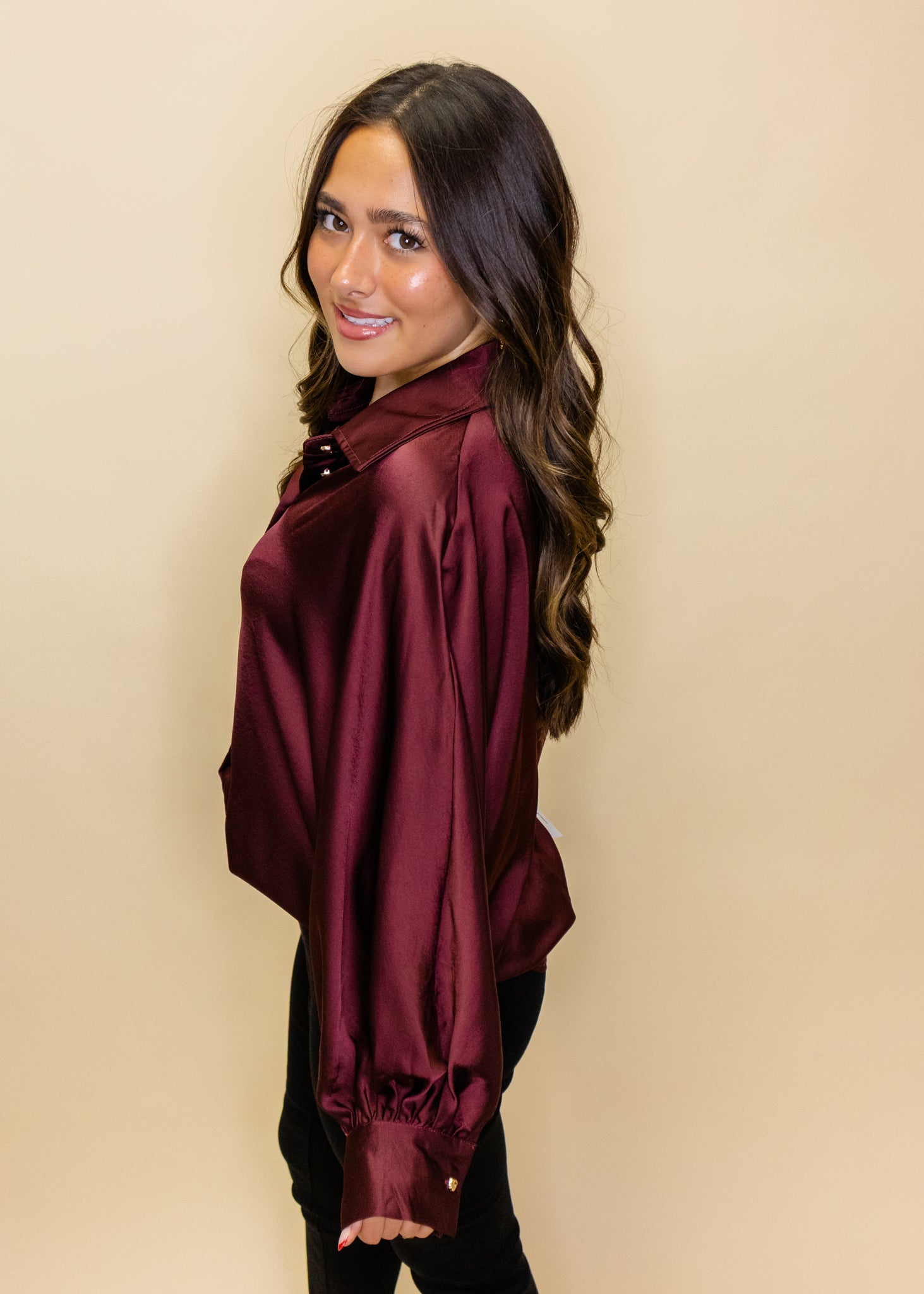 Maroon Satin Button Up Top