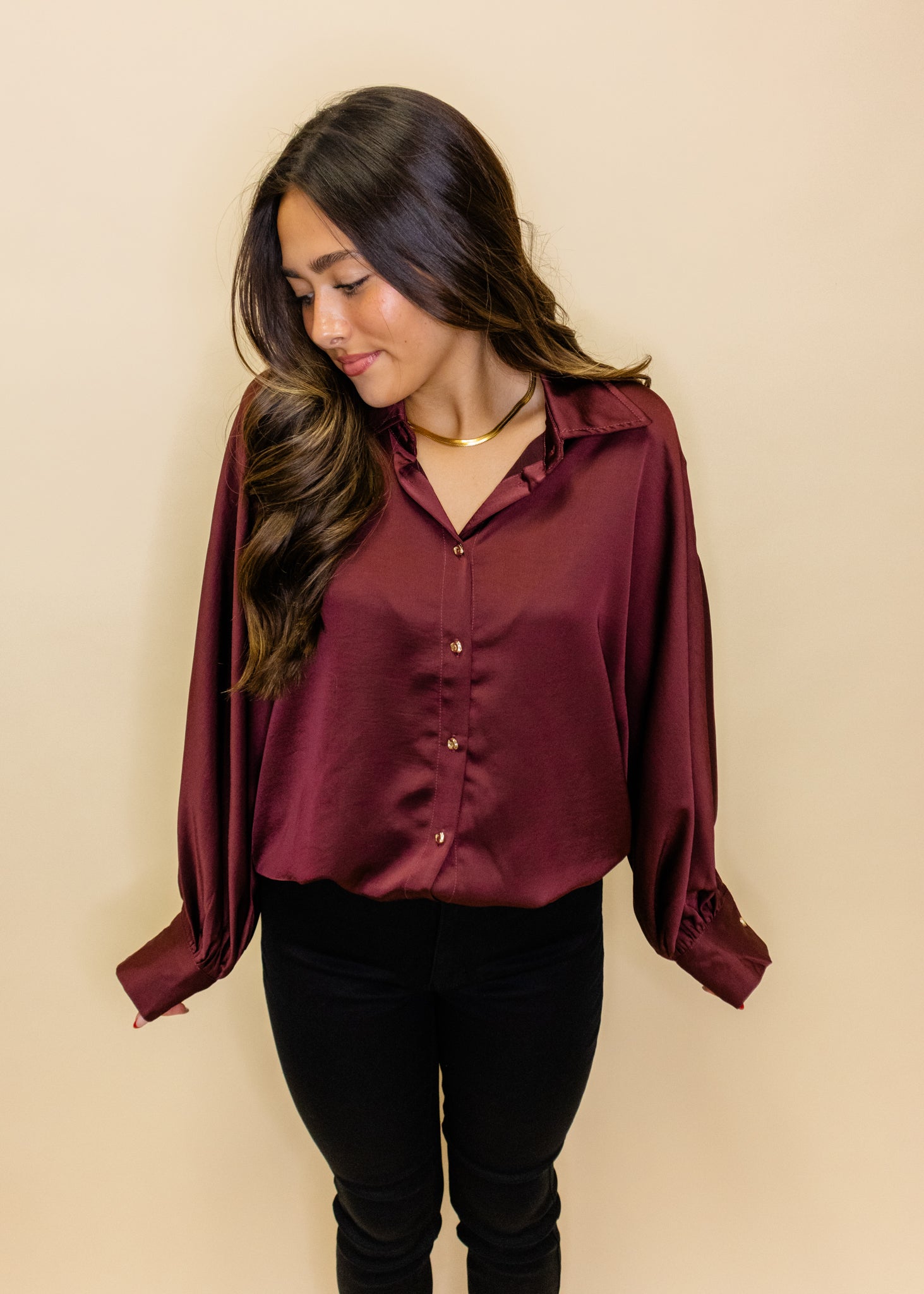Maroon Satin Button Up Top