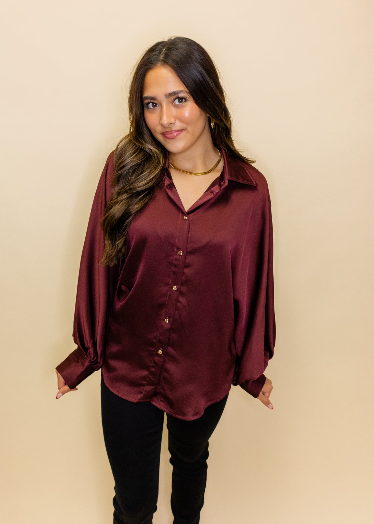 Maroon Satin Button Up Top