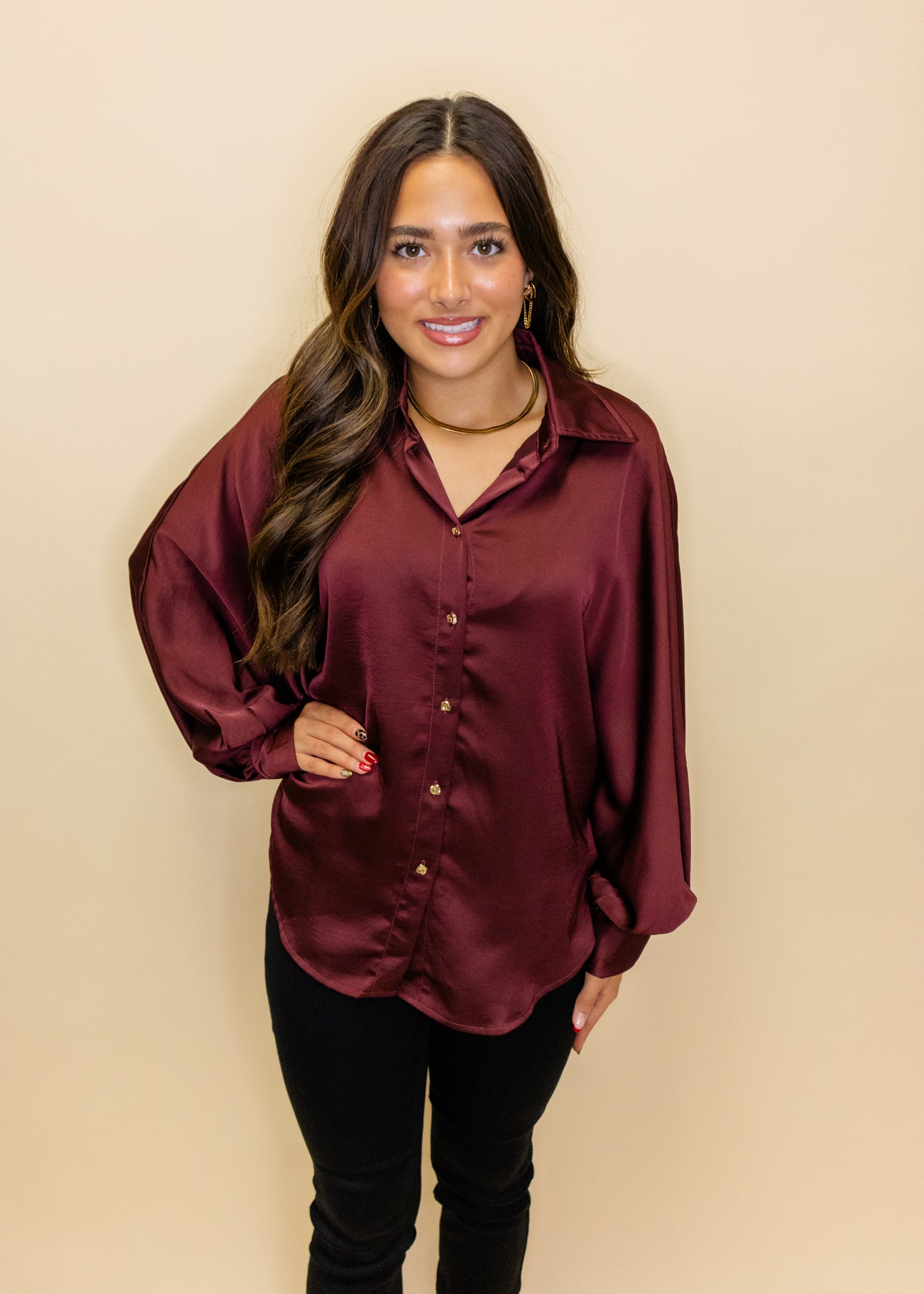Maroon Satin Button Up Top