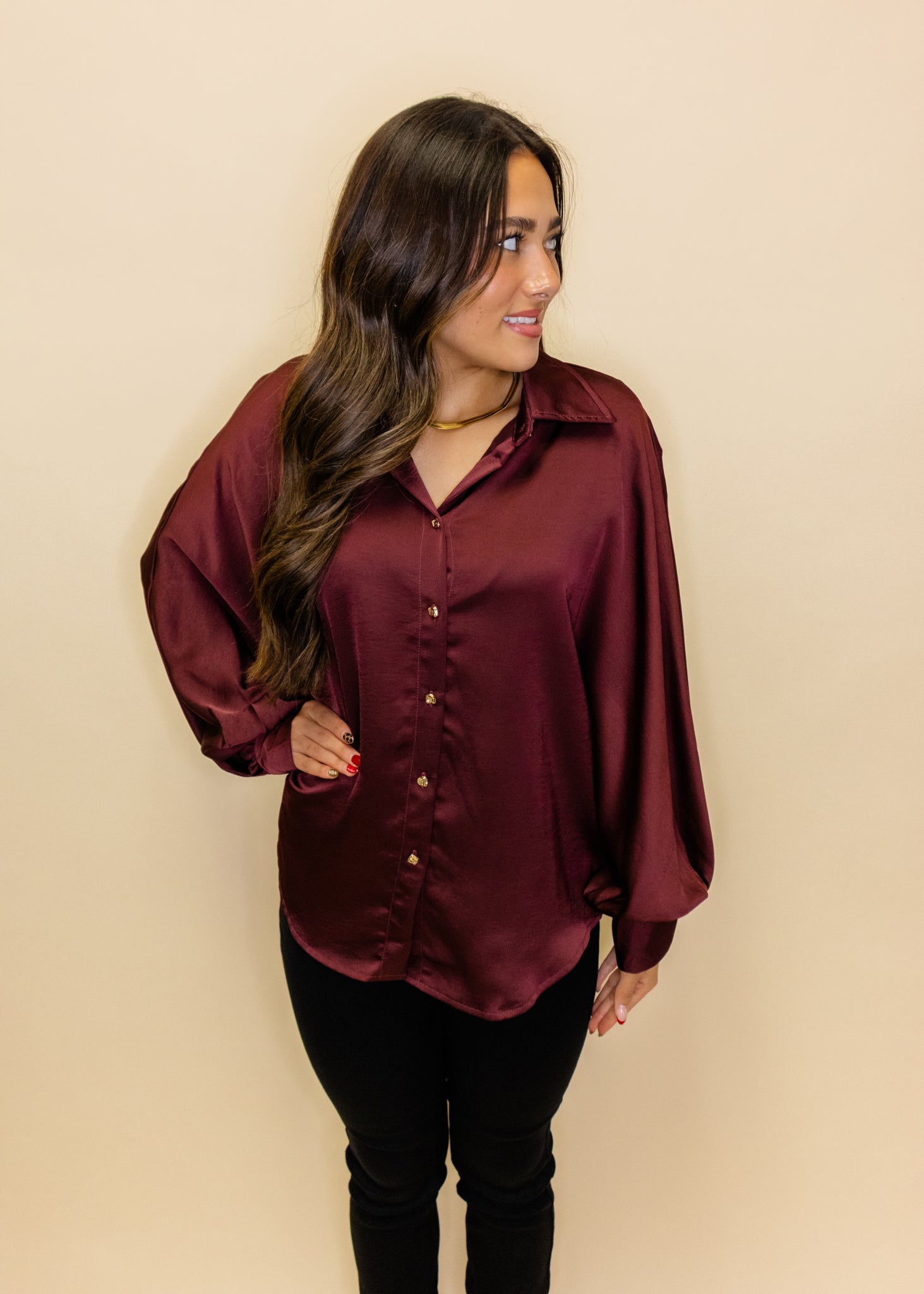 Maroon Satin Button Up Top