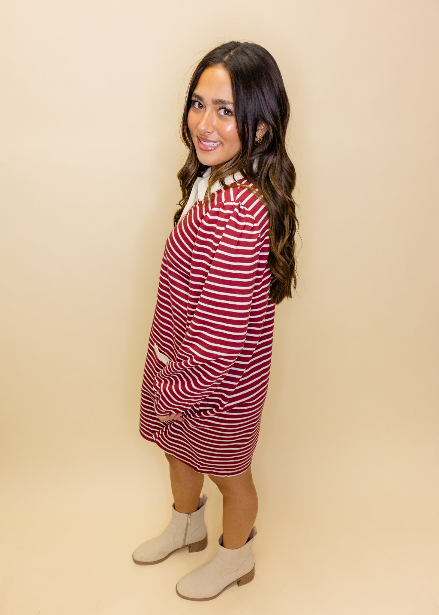 Burgundy Stripe Button Pocket Dress