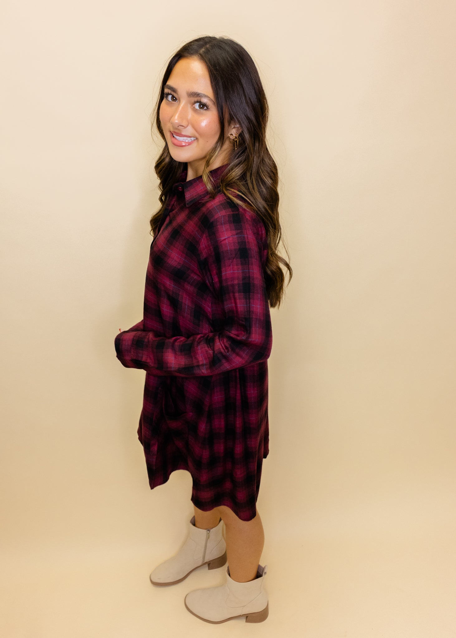 Maroon Plaid Pocket Dress