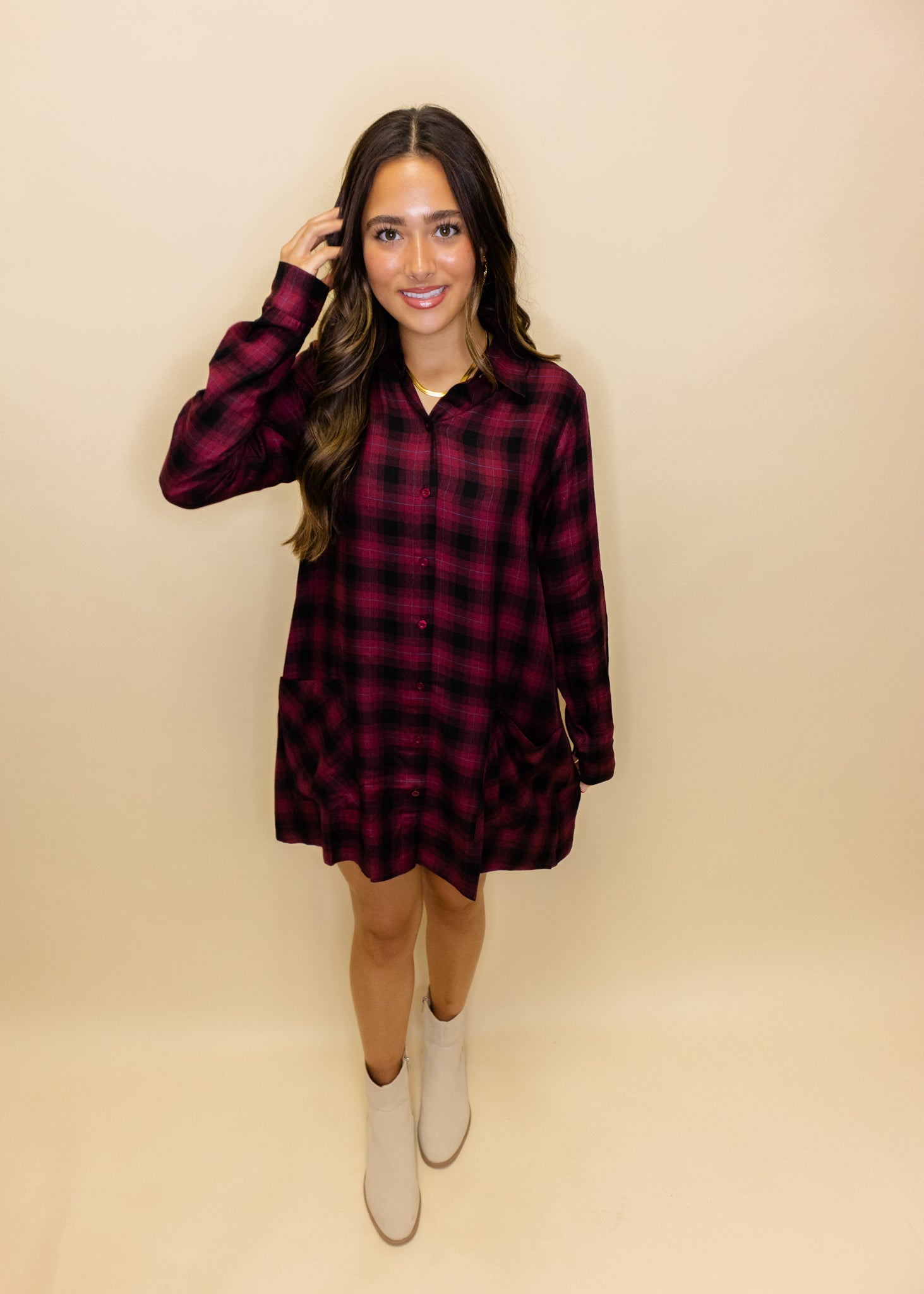 Maroon Plaid Pocket Dress