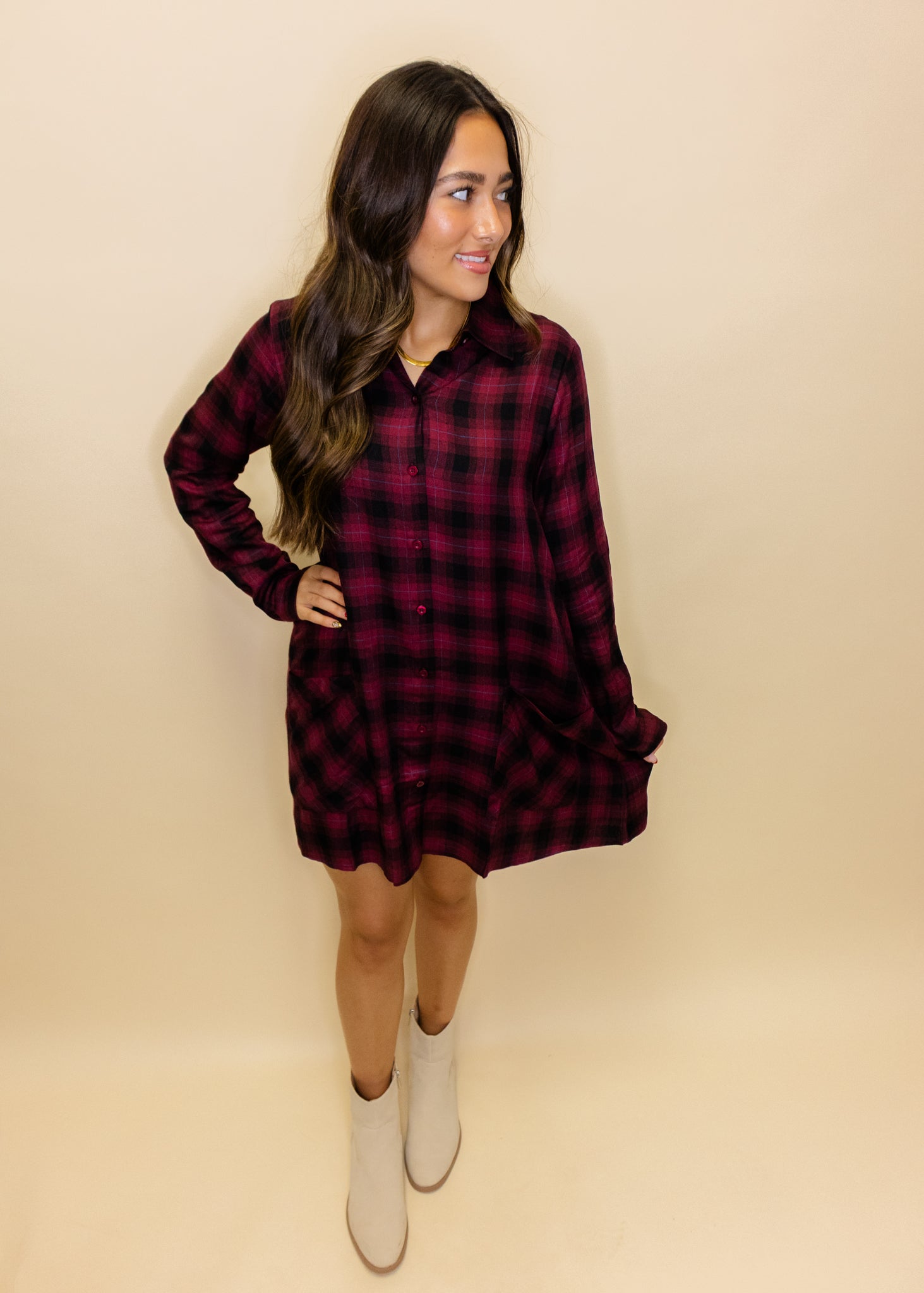 Maroon Plaid Pocket Dress