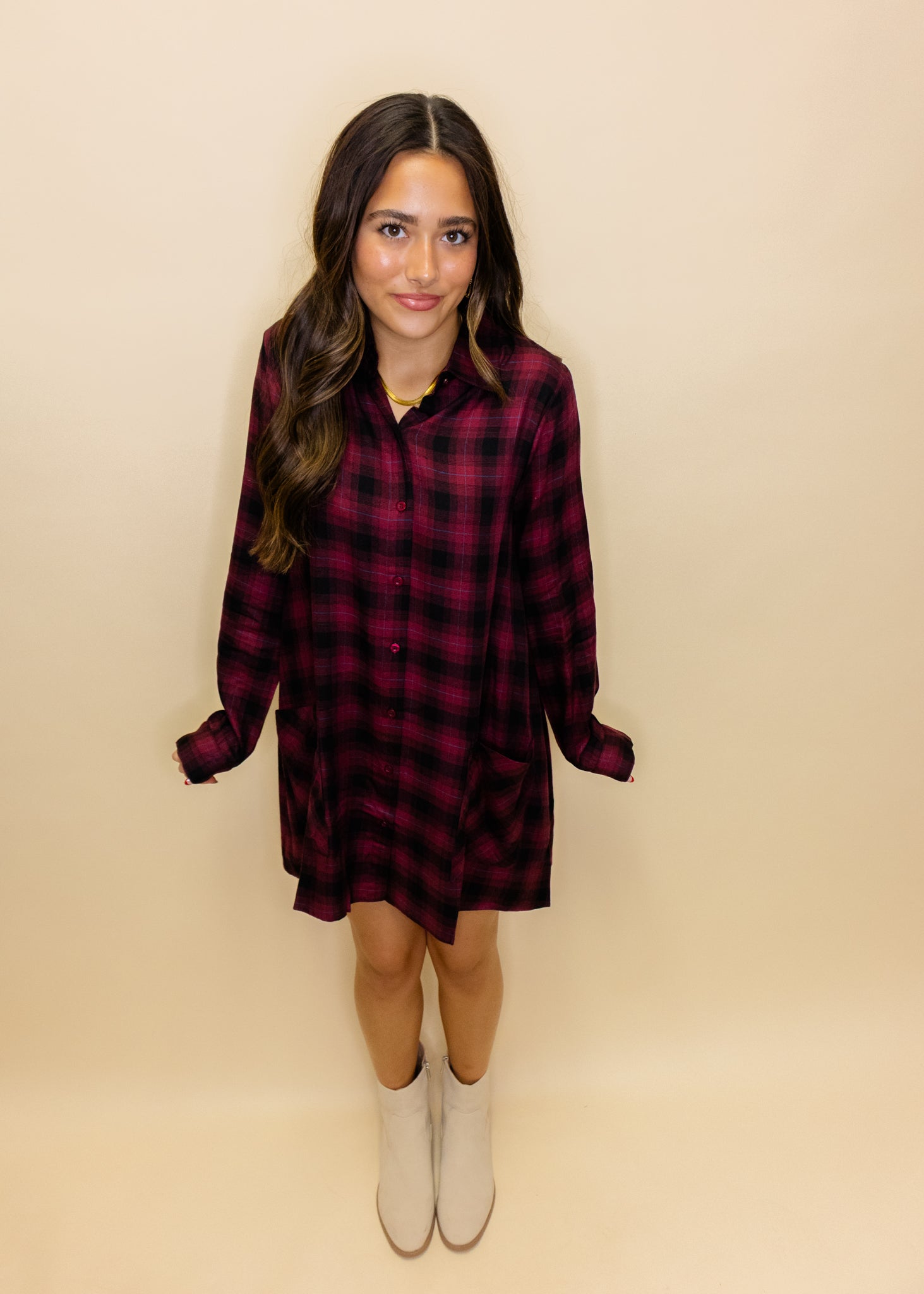 Maroon Plaid Pocket Dress