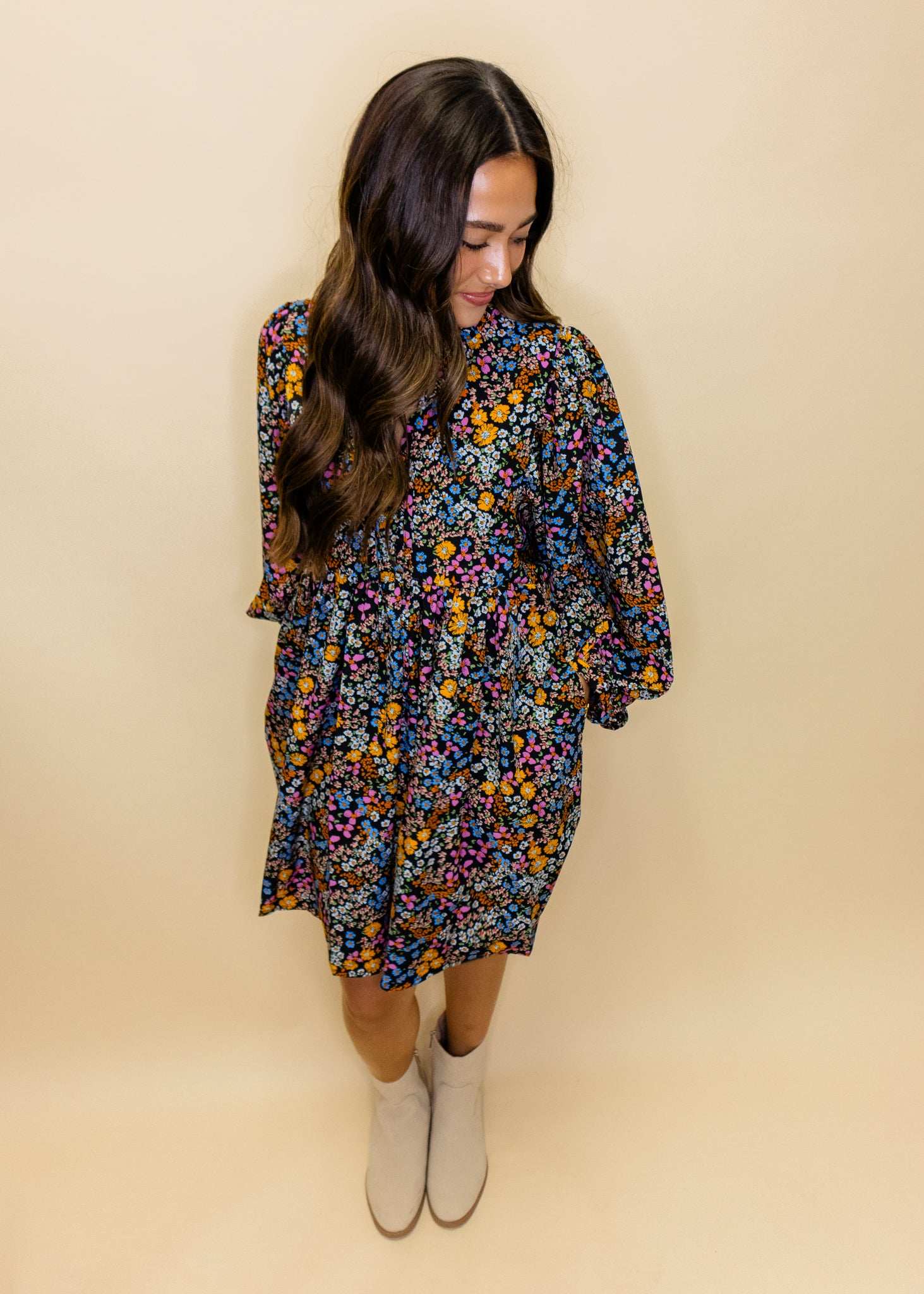 Black Floral Long Sleeve Dress