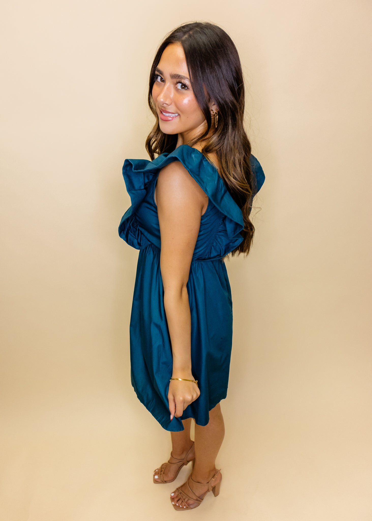 Teal Ruffled Smocked Dress