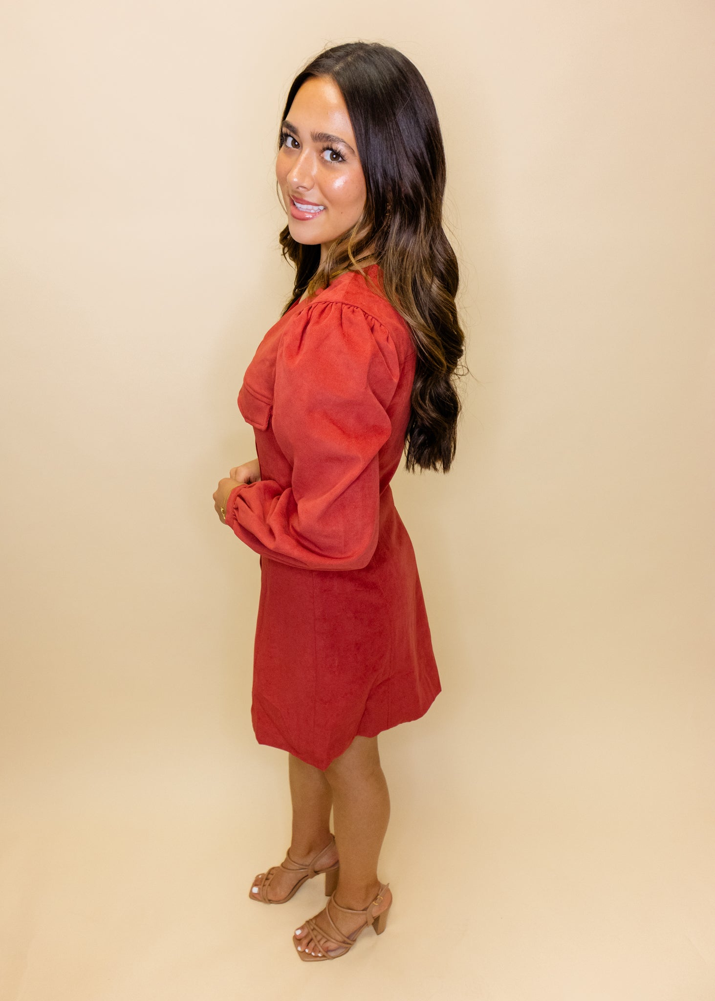 Red Corduroy Long Sleeve Dresse