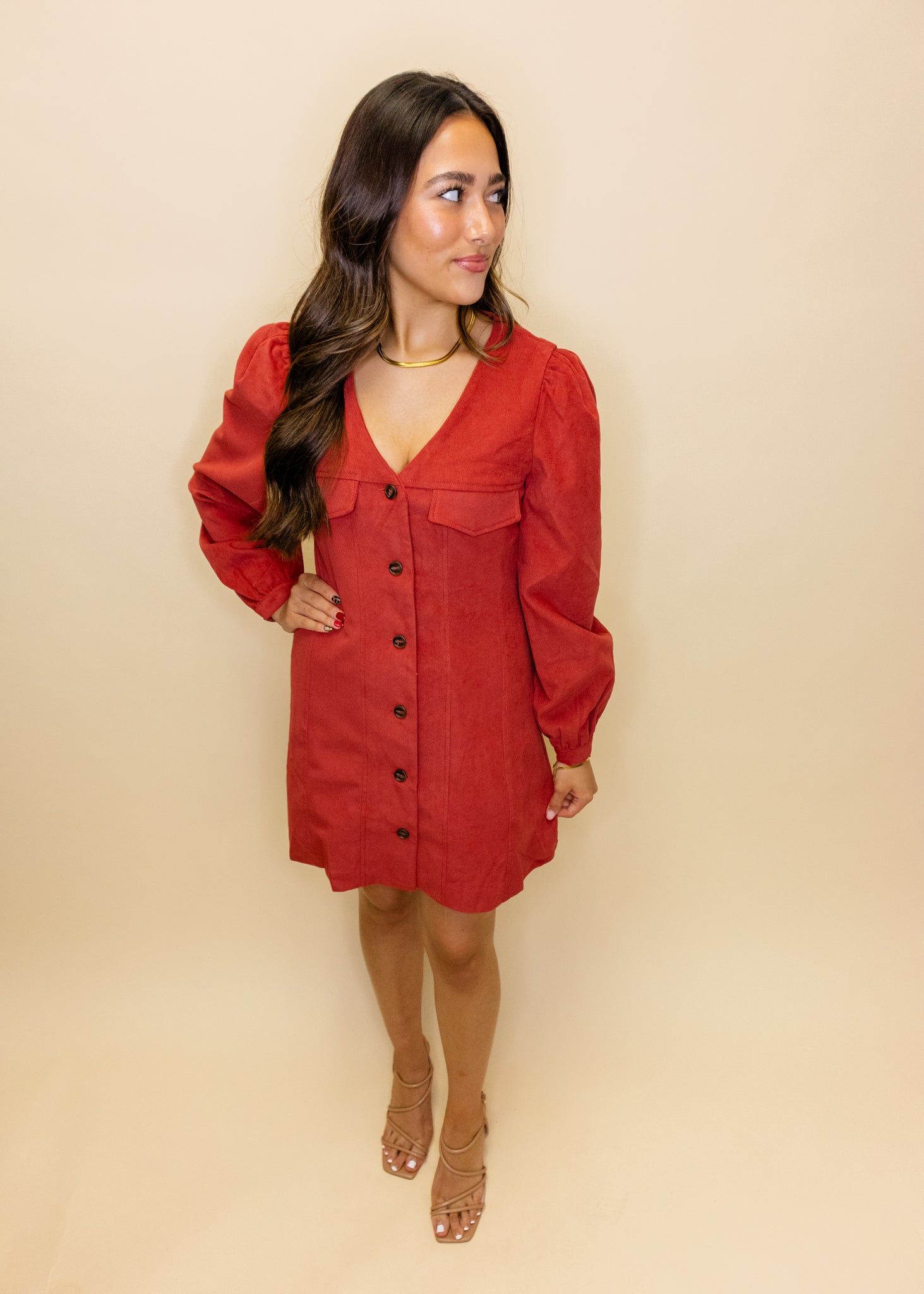 Red Corduroy Long Sleeve Dresse