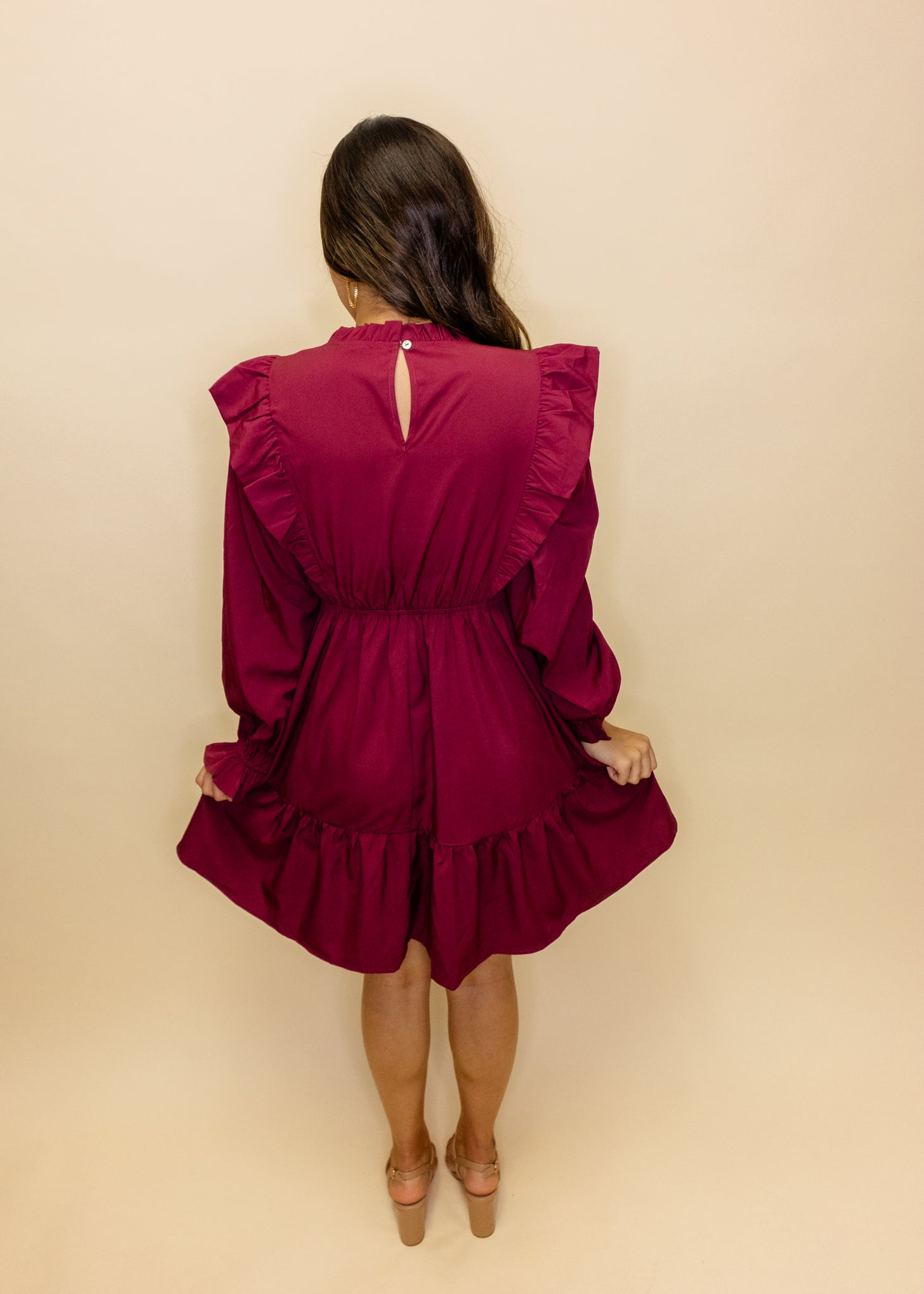 Maroon Solid Ruffle Detail Dress