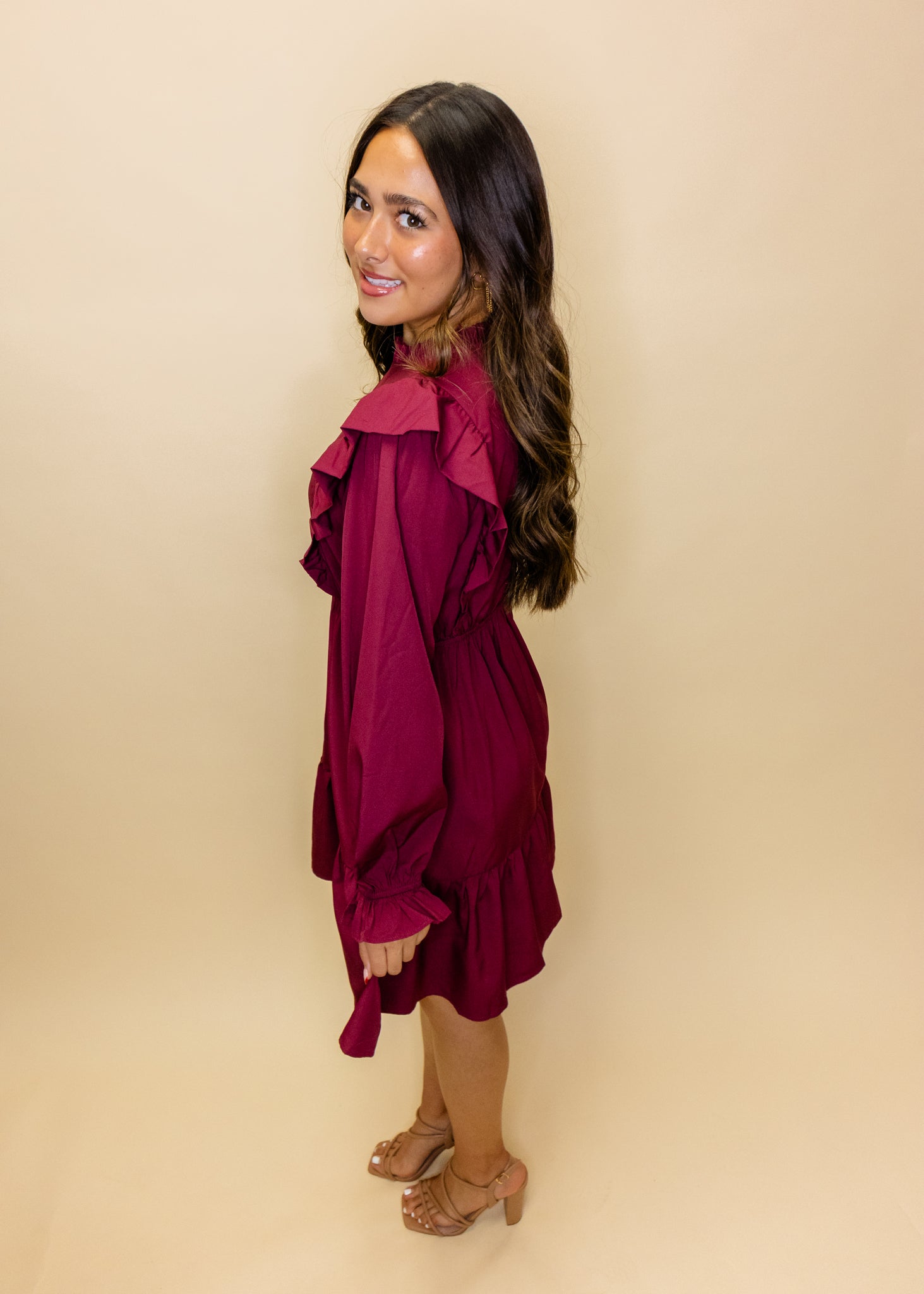 Maroon Solid Ruffle Detail Dress