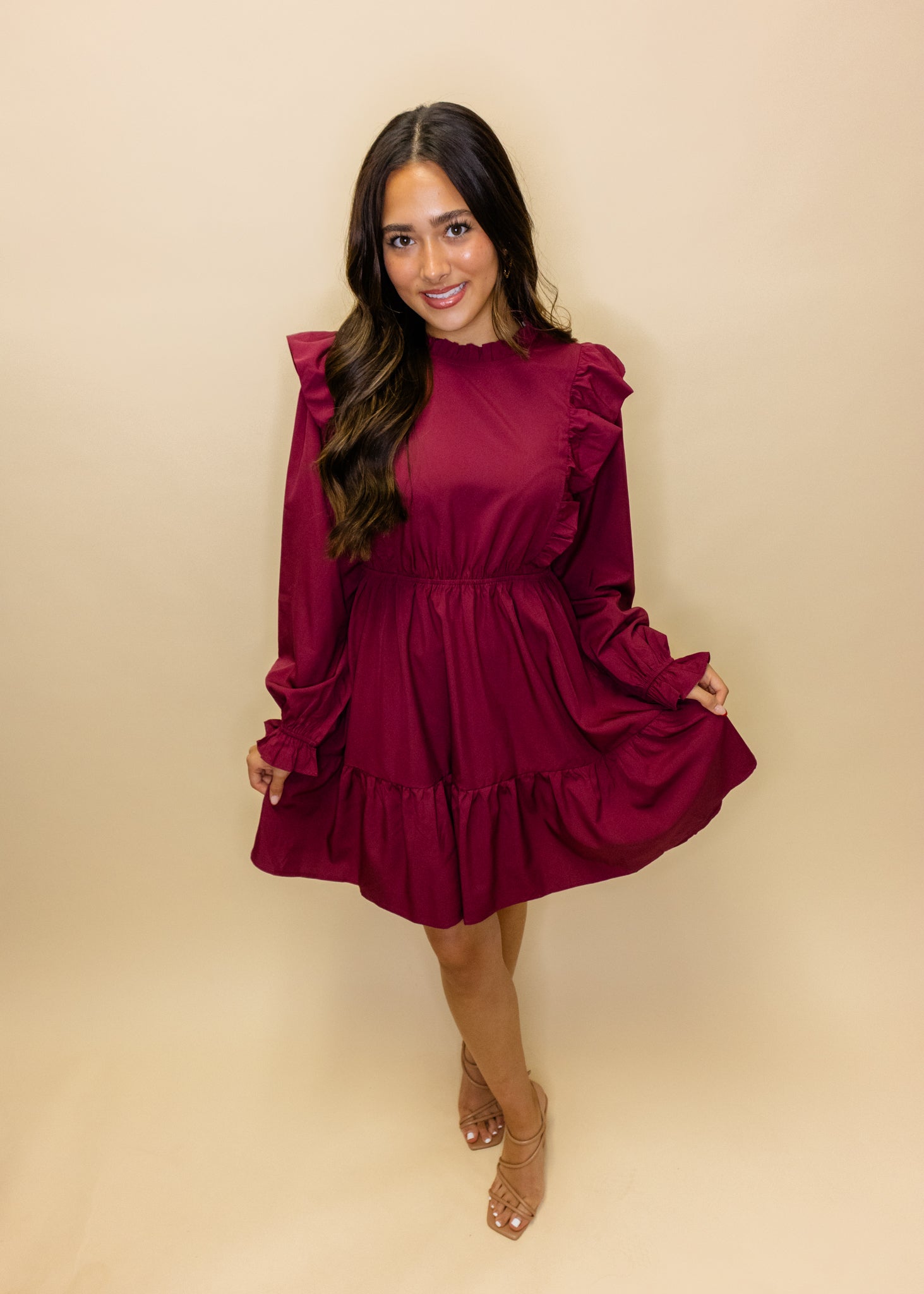Maroon Solid Ruffle Detail Dress
