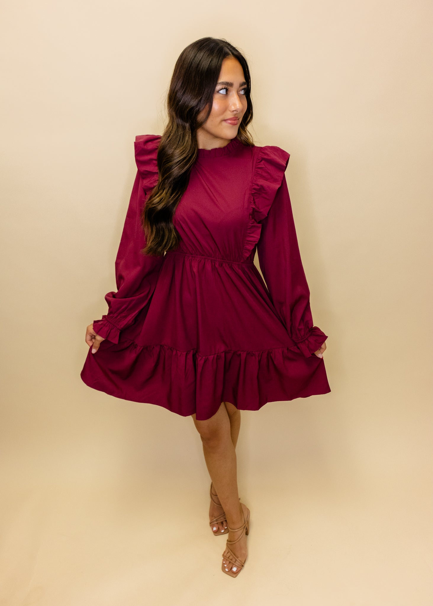 Maroon Solid Ruffle Detail Dress