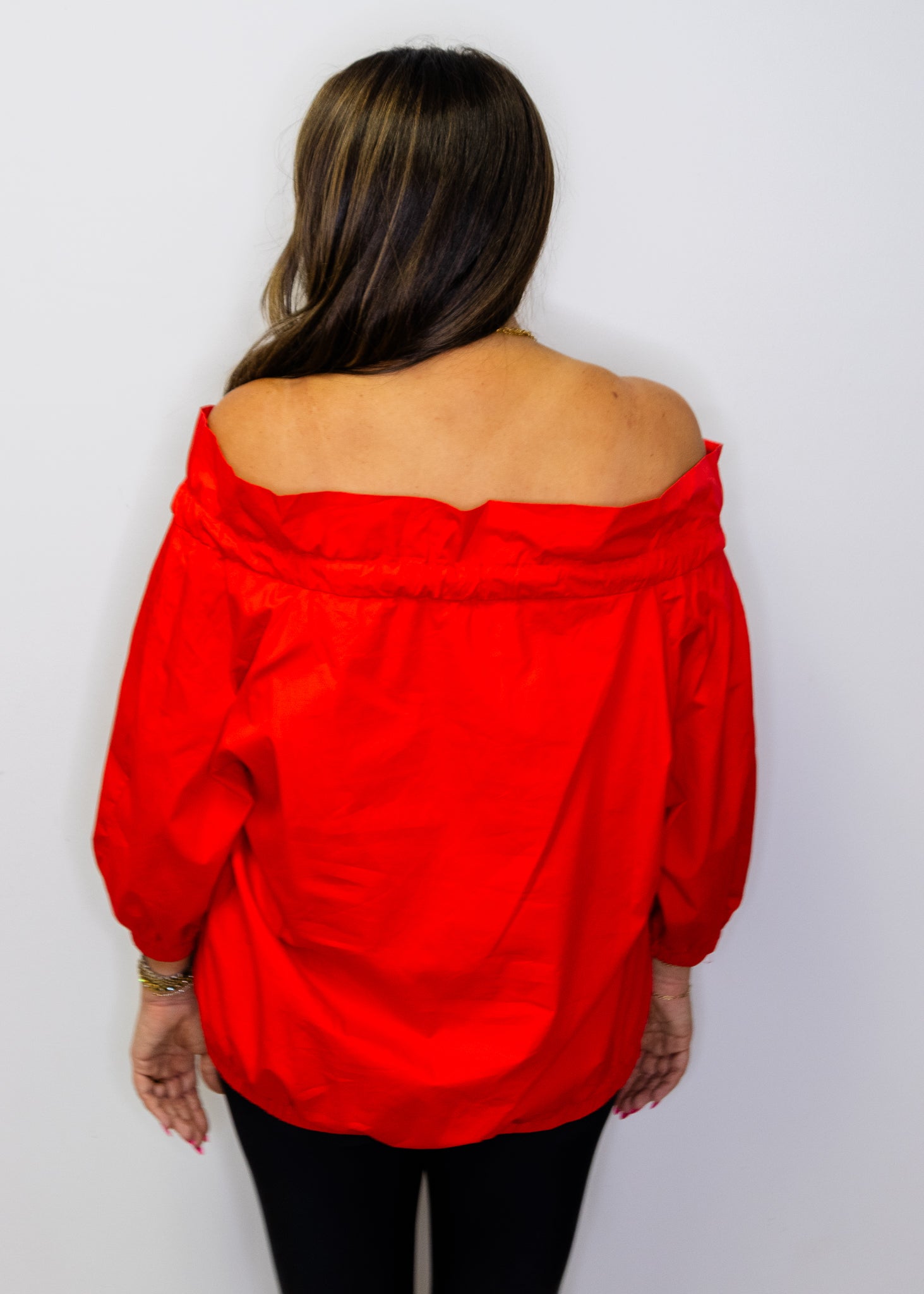 Red Drawstring Neckline Bow Top