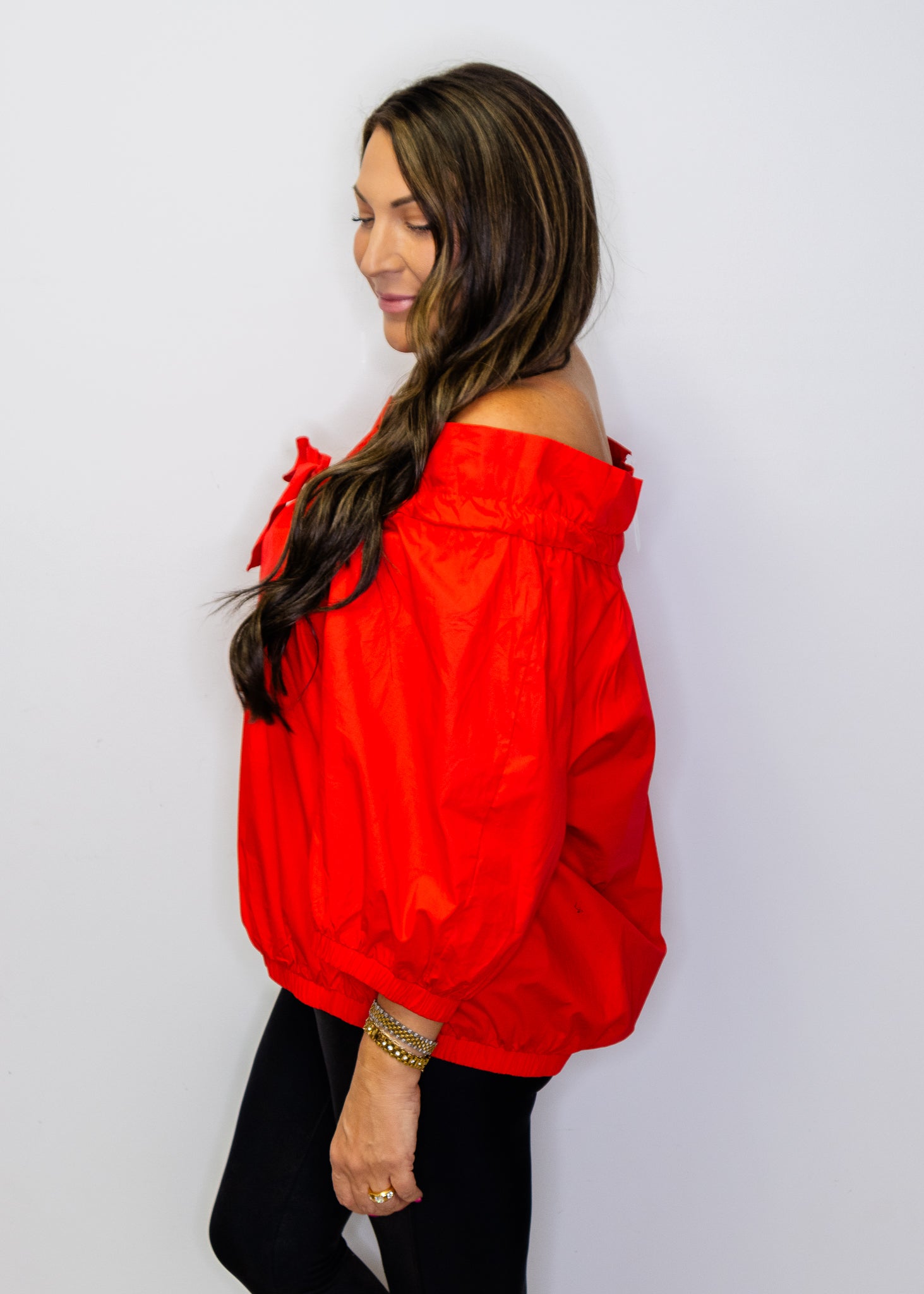 Red Drawstring Neckline Bow Top