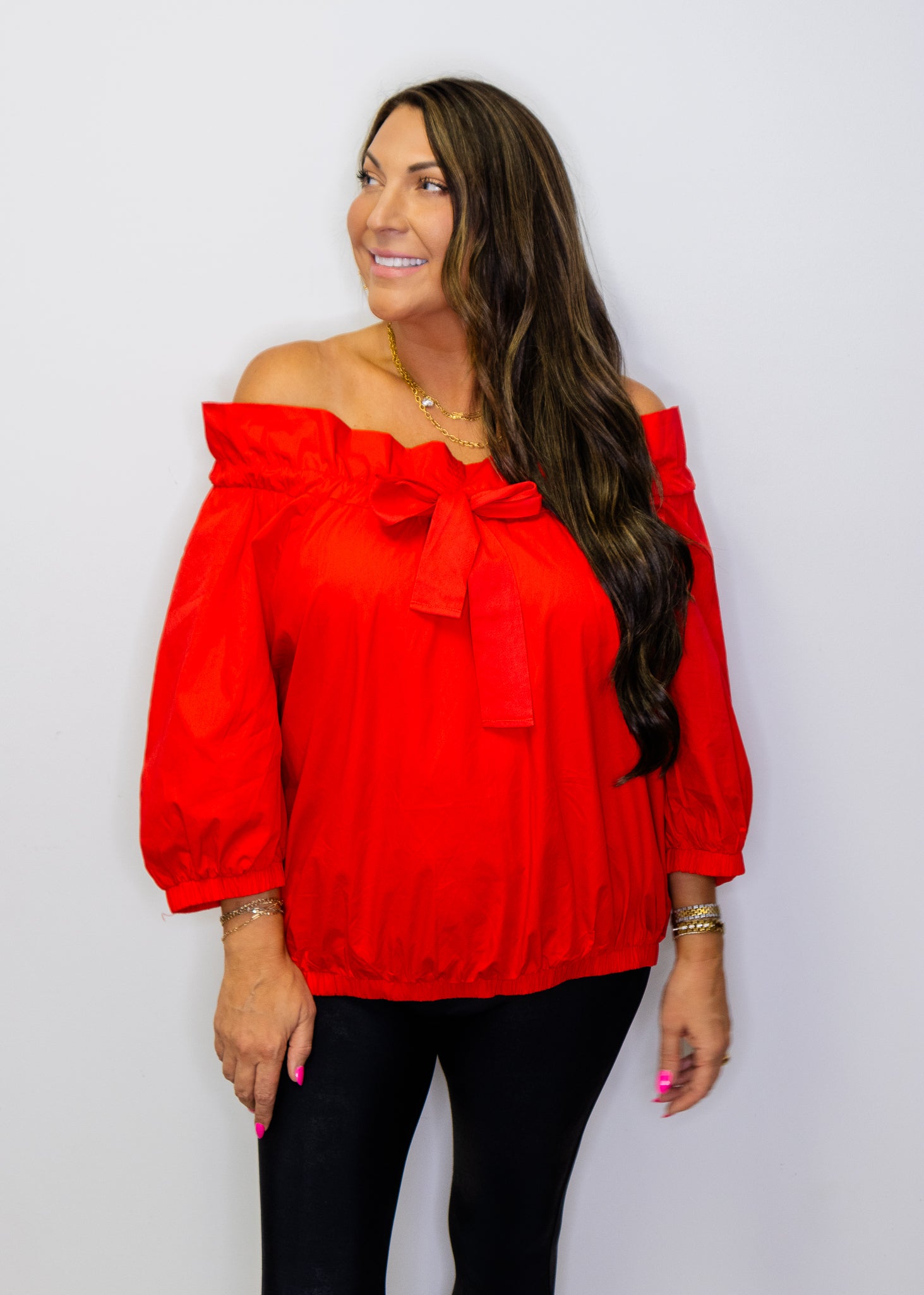 Red Drawstring Neckline Bow Top