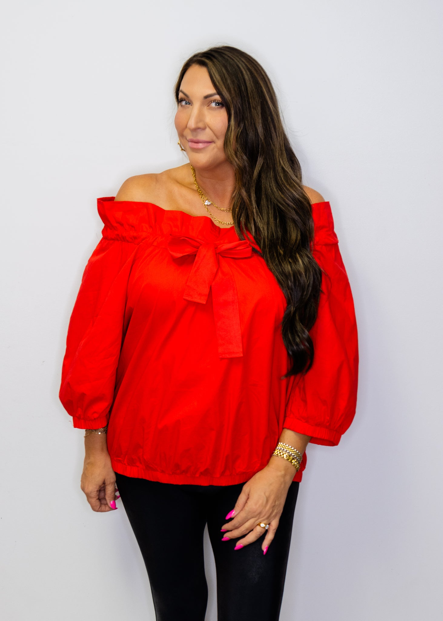 Red Drawstring Neckline Bow Top