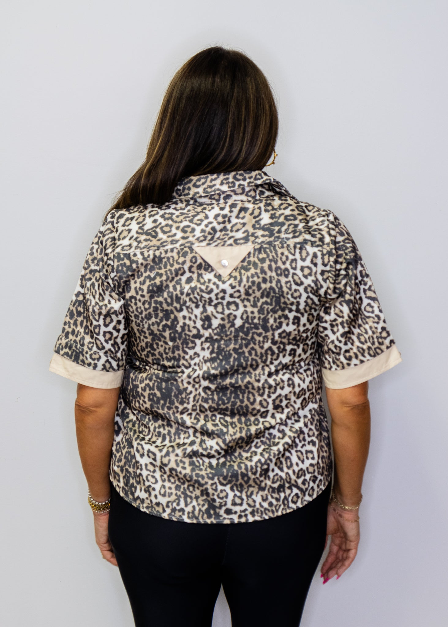 Beige Accent Button Down Leopard Top
