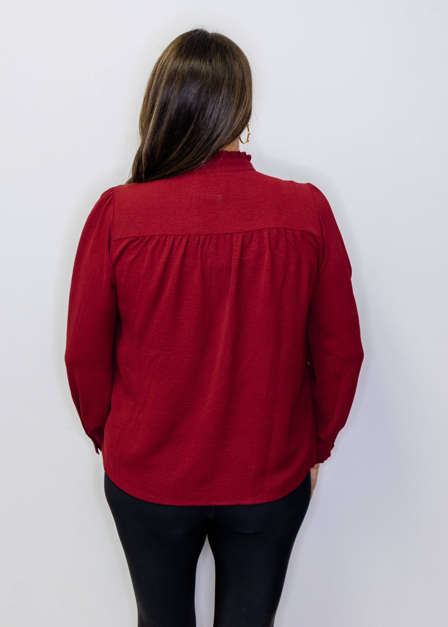 Burgundy Front Pleat Long Sleeve Blouse