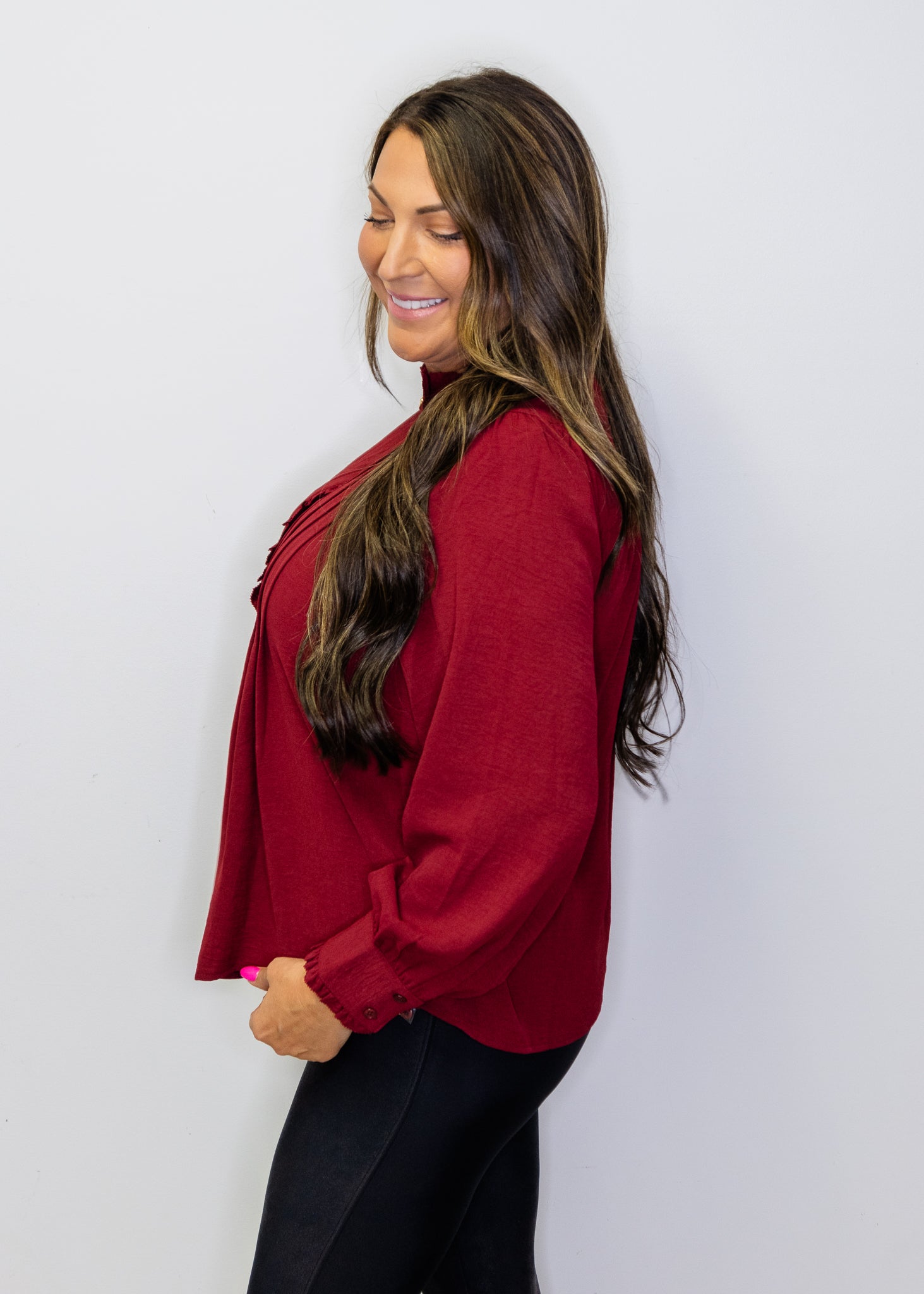 Burgundy Front Pleat Long Sleeve Blouse